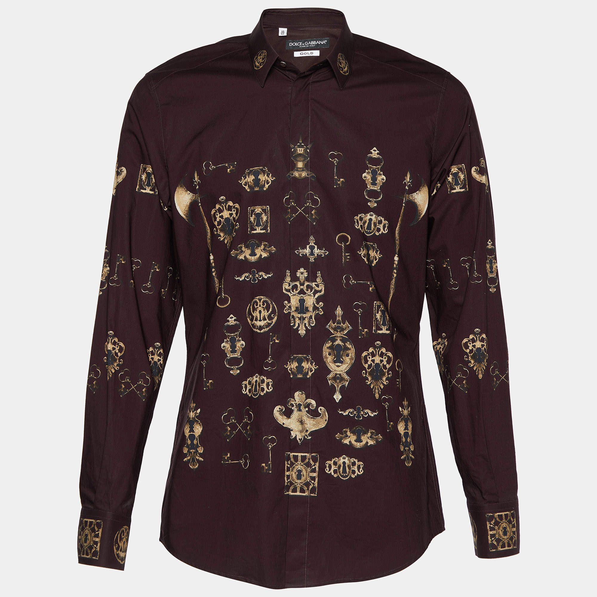 Pre Owned Dolce & Gabbana Dark Brown Keys Print Cotton Gold Fit Shirt L