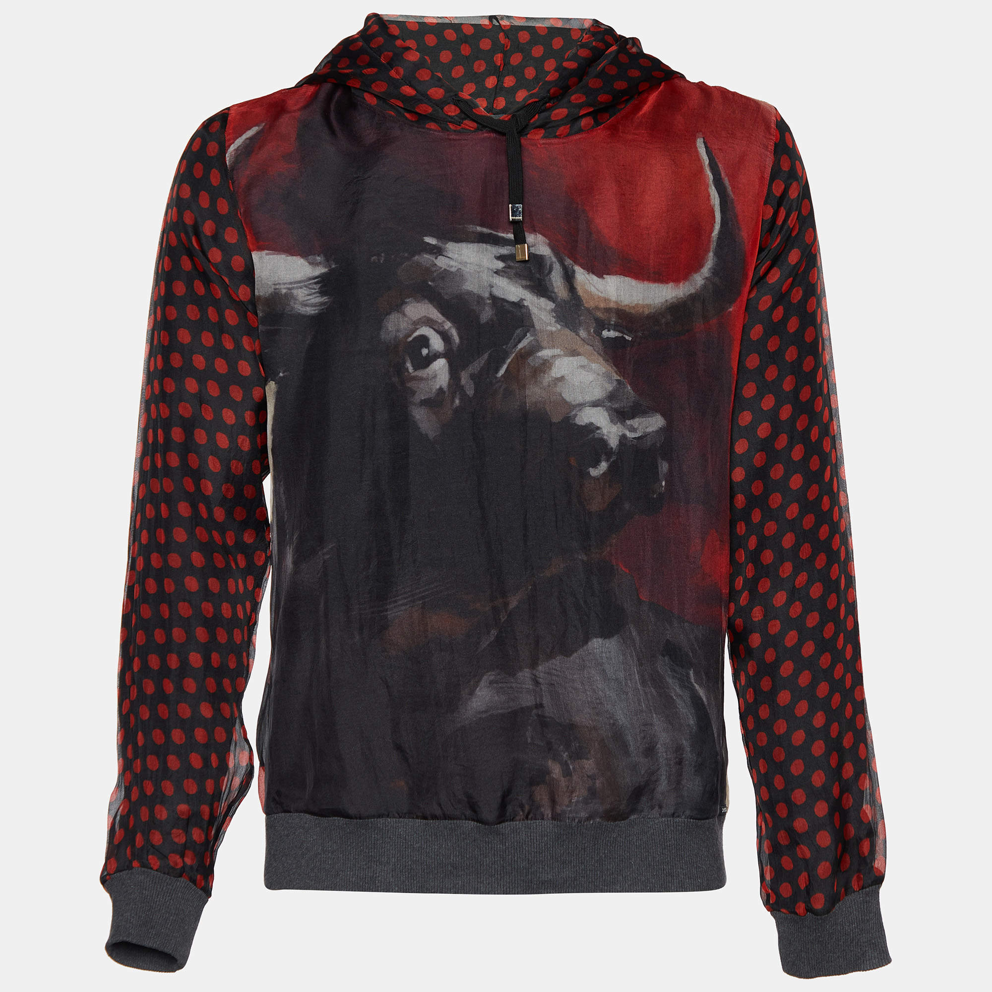 Dolce & Gabbana Red Bull & Polka Dot Printed Silk Hooded Sweatshirt L