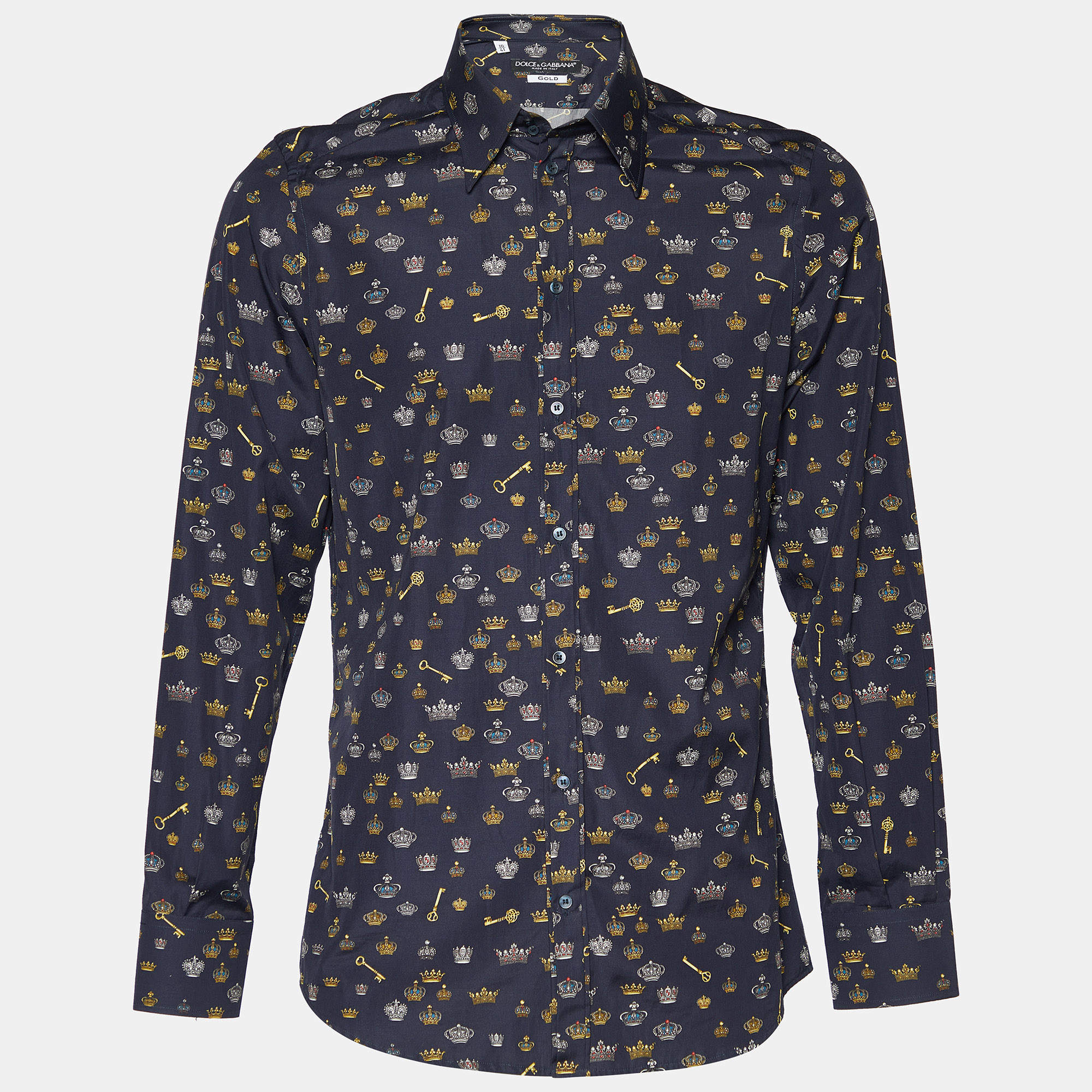 Pre Owned Dolce & Gabbana Navy Blue Crown Print Cotton Gold Fit Shirt L