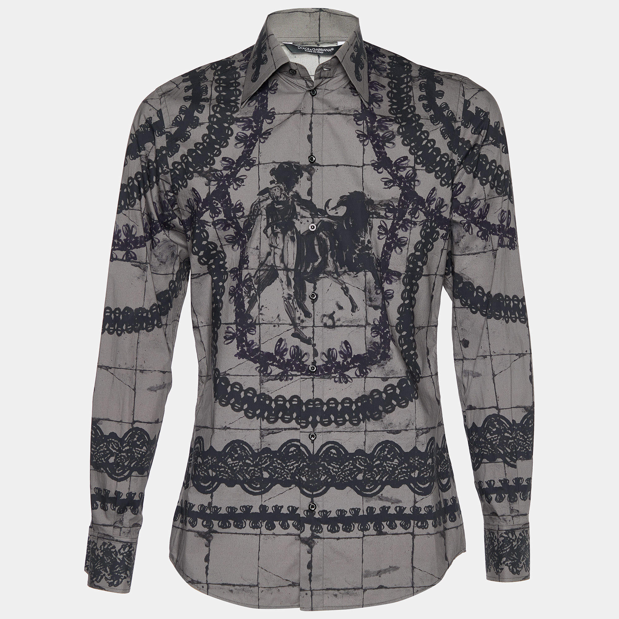مملوكة مسبقًا Dolce & Gabbana Grey Lace Print Cotton Button Front Shirt M