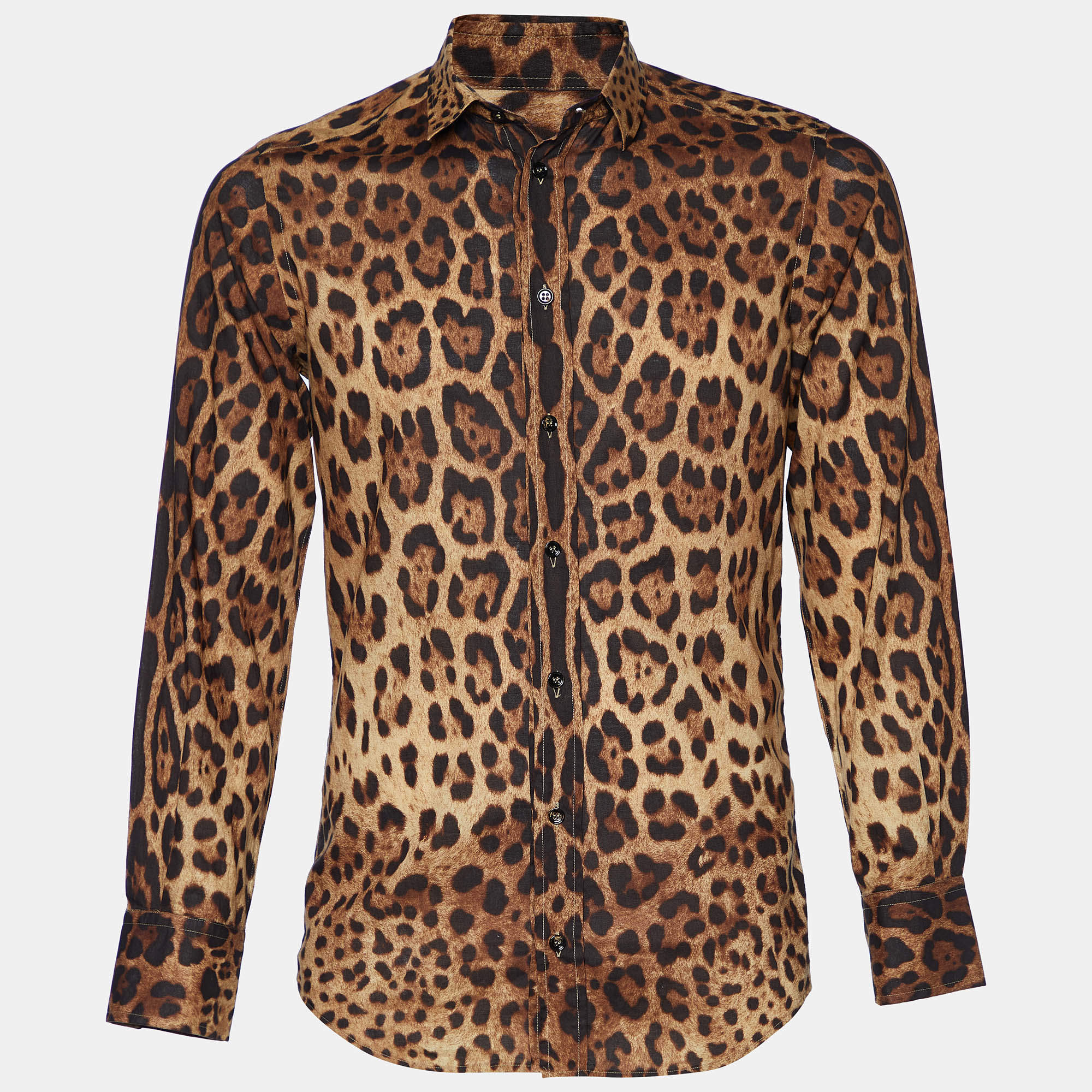 Pre Owned Dolce & Gabbana Brown Leopard Print Cotton Slim Fit Shirt M