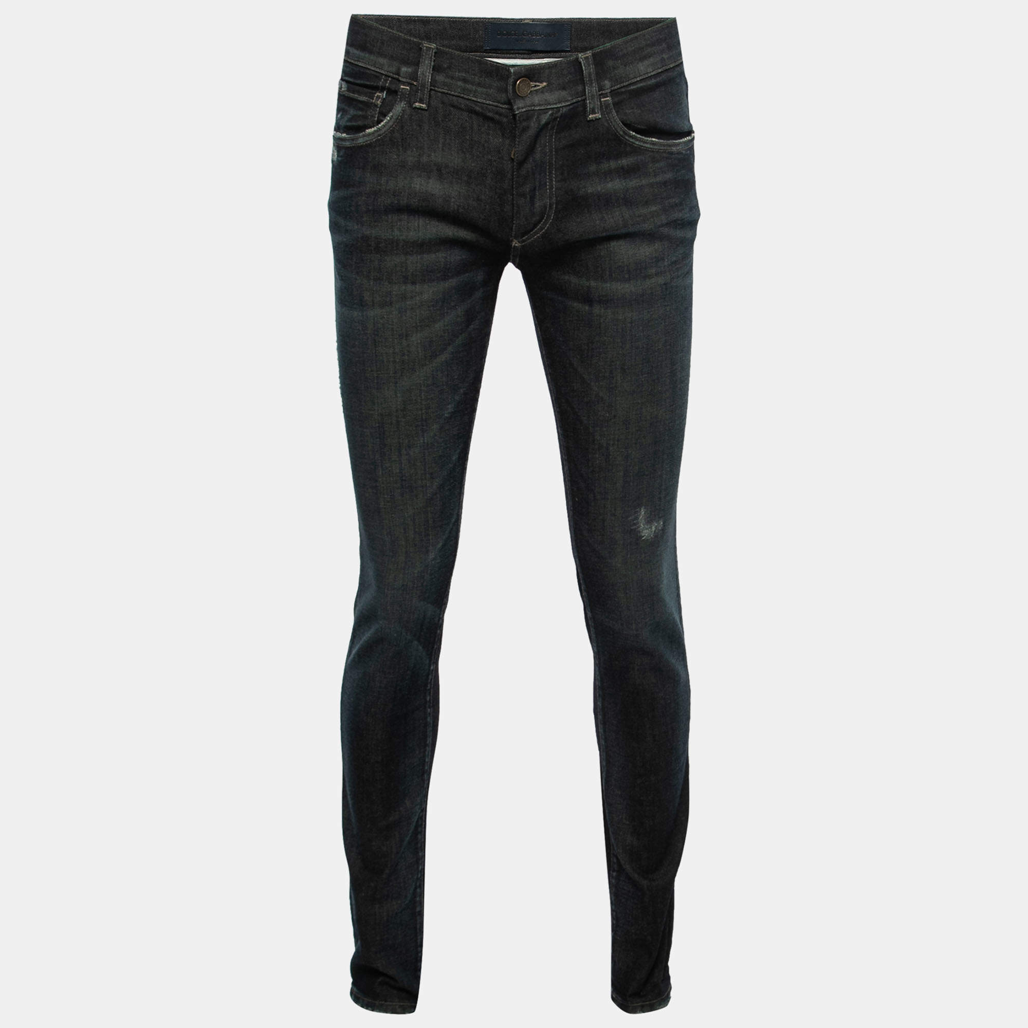 Pre Owned Dolce & Gabbana Blue Distressed Denim Crest-Embroidered 14 Stretch Jeans M Waist 32"