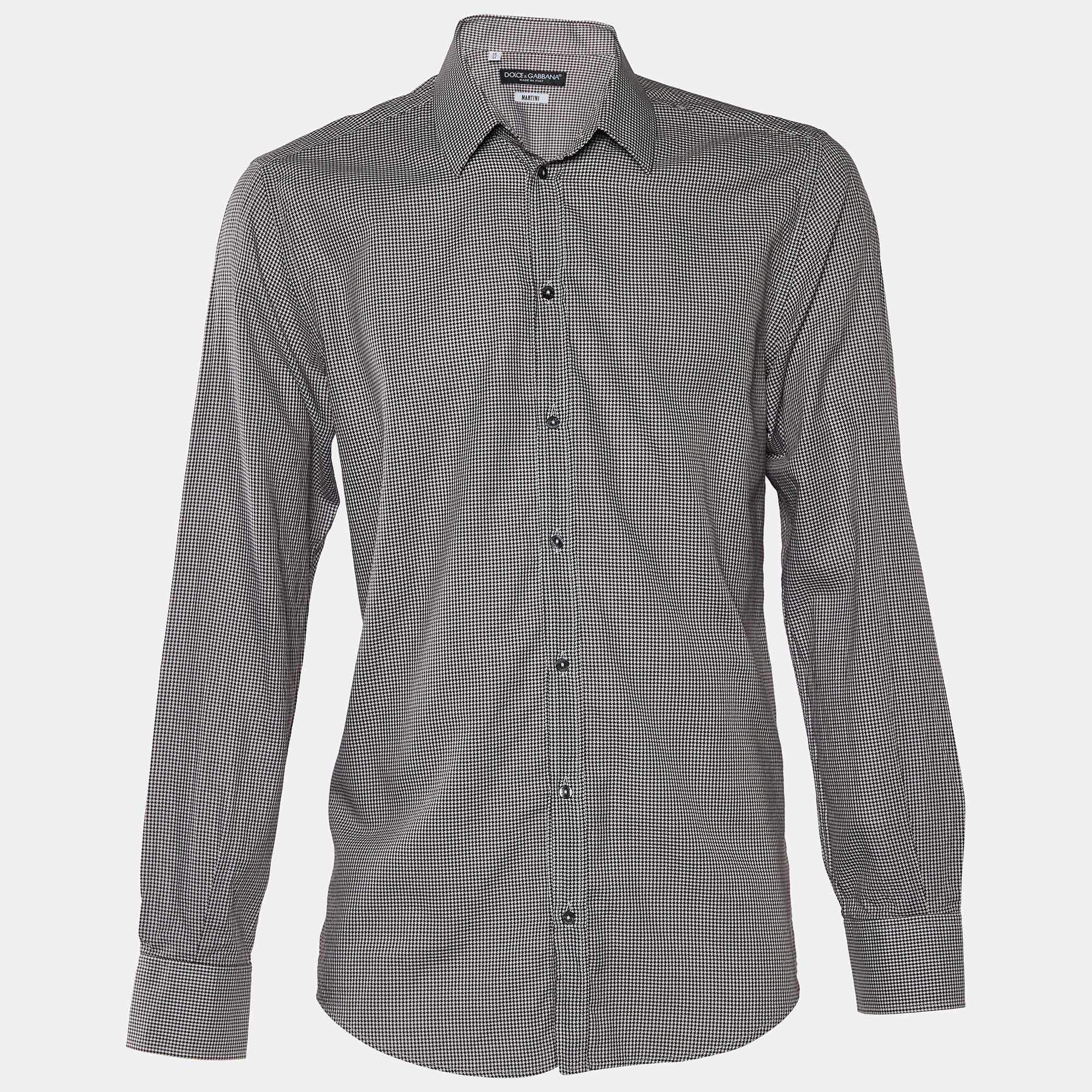 Pre Owned Dolce & Gabbana White & Brown Patterned Cotton Martini Fit Shirt L