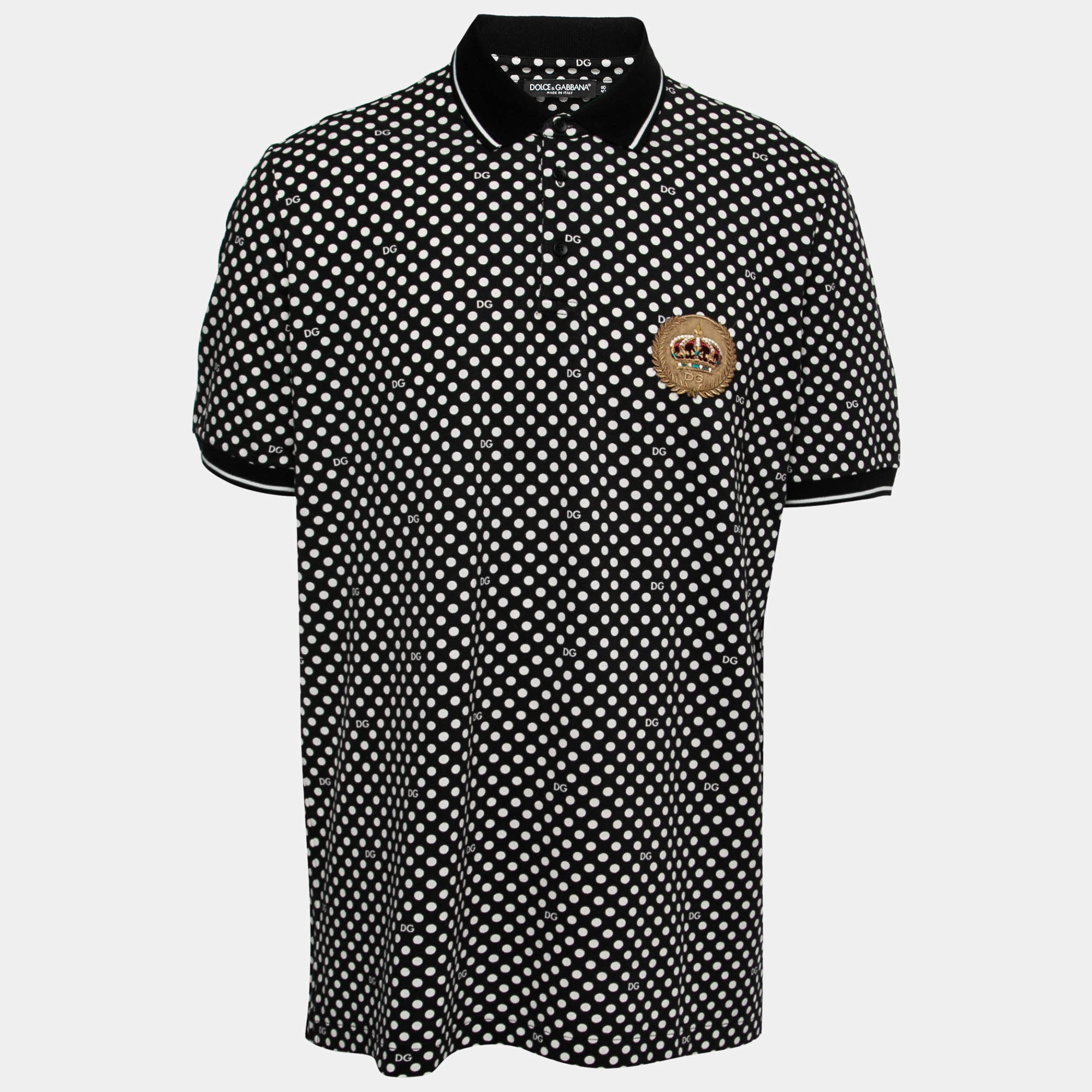 Pre Owned Dolce & Gabbana Black Polka Dot Cotton Embroidered Polo T-Shirt 4XL