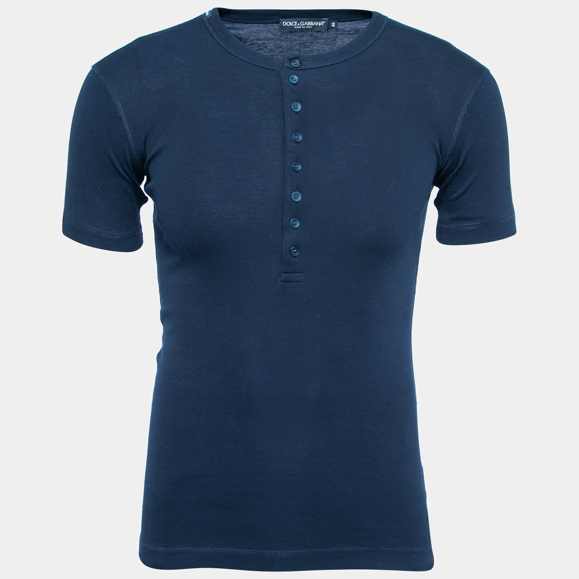 مملوكة مسبقًا Dolce & Gabbana Navy Blue Stretch Cotton Buttoned T-Shirt S