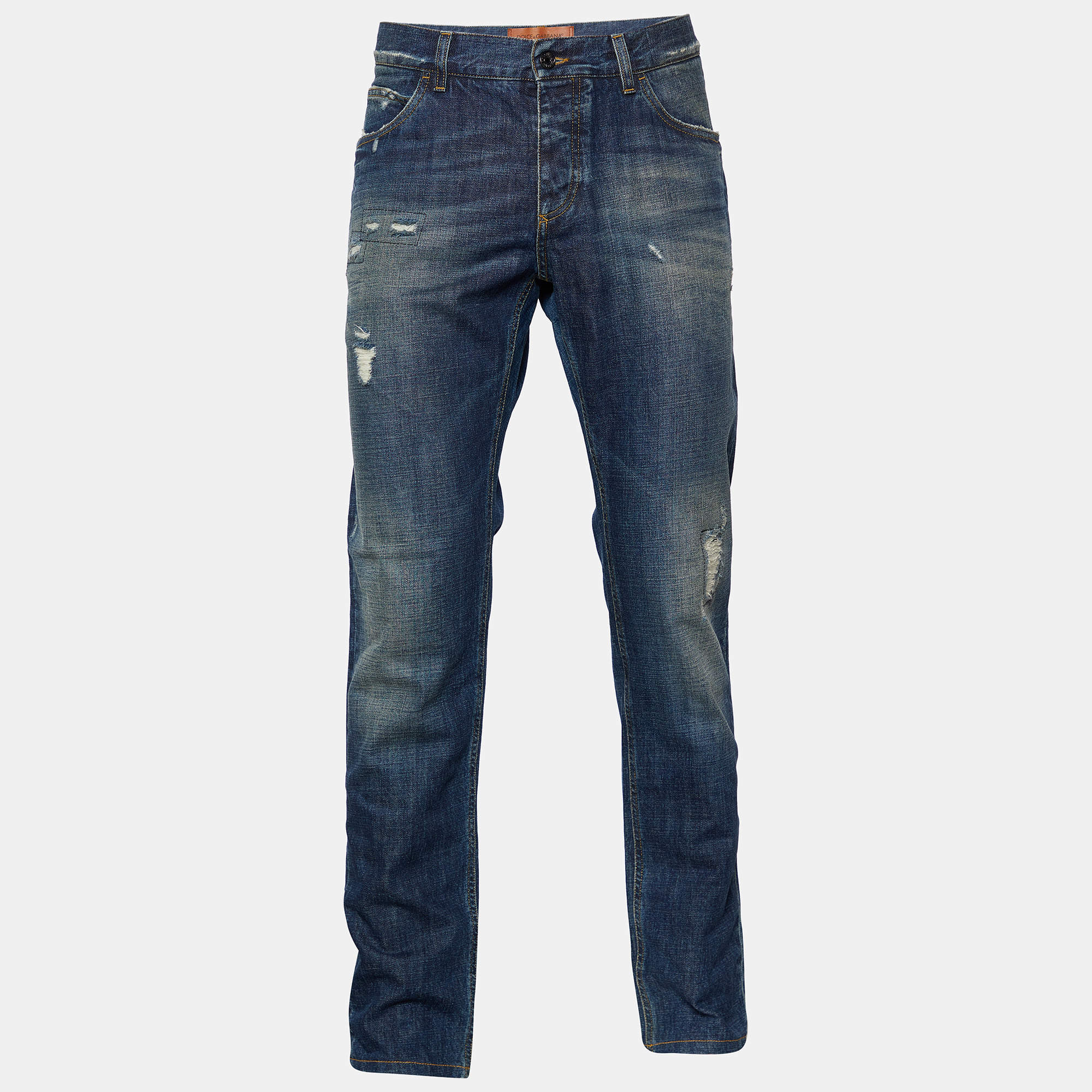 مملوكة مسبقًا Dolce & Gabbana  Blue Distressed Denim Bee Embroidered Jeans XL