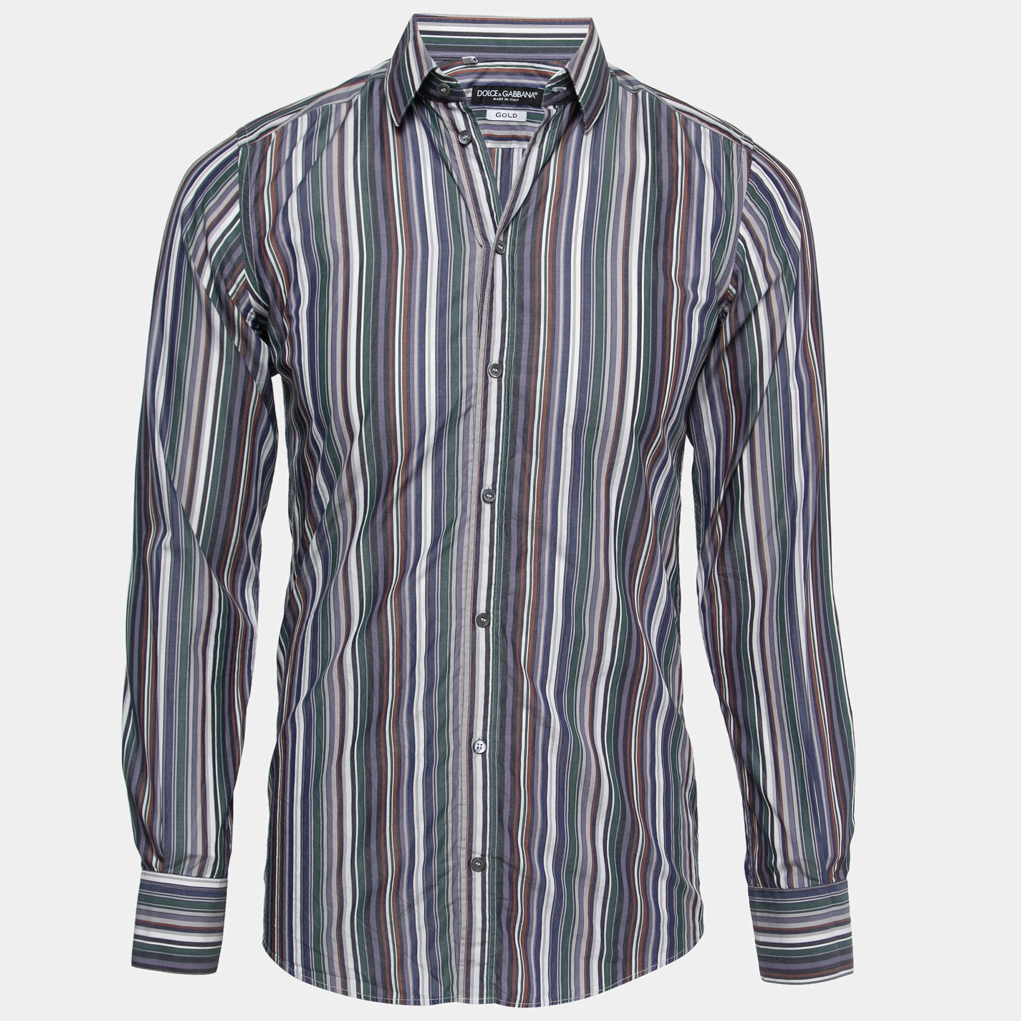 Pre Owned Dolce & Gabbana Multicolor Striped Cotton Button Front Gold Shirt S
