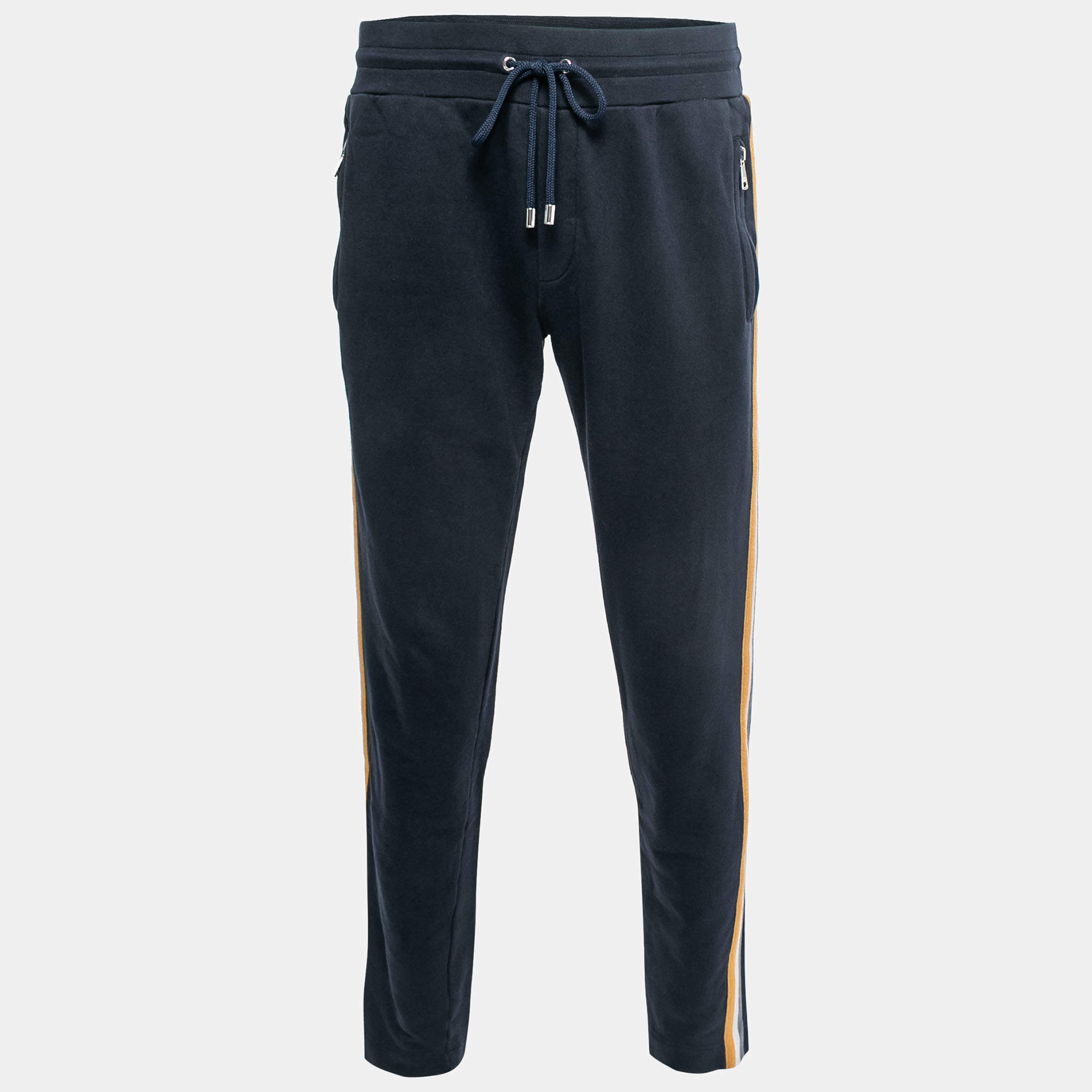 Pre Owned Dolce & Gabbana Navy Blue Cotton Knit Side Band Joggers S