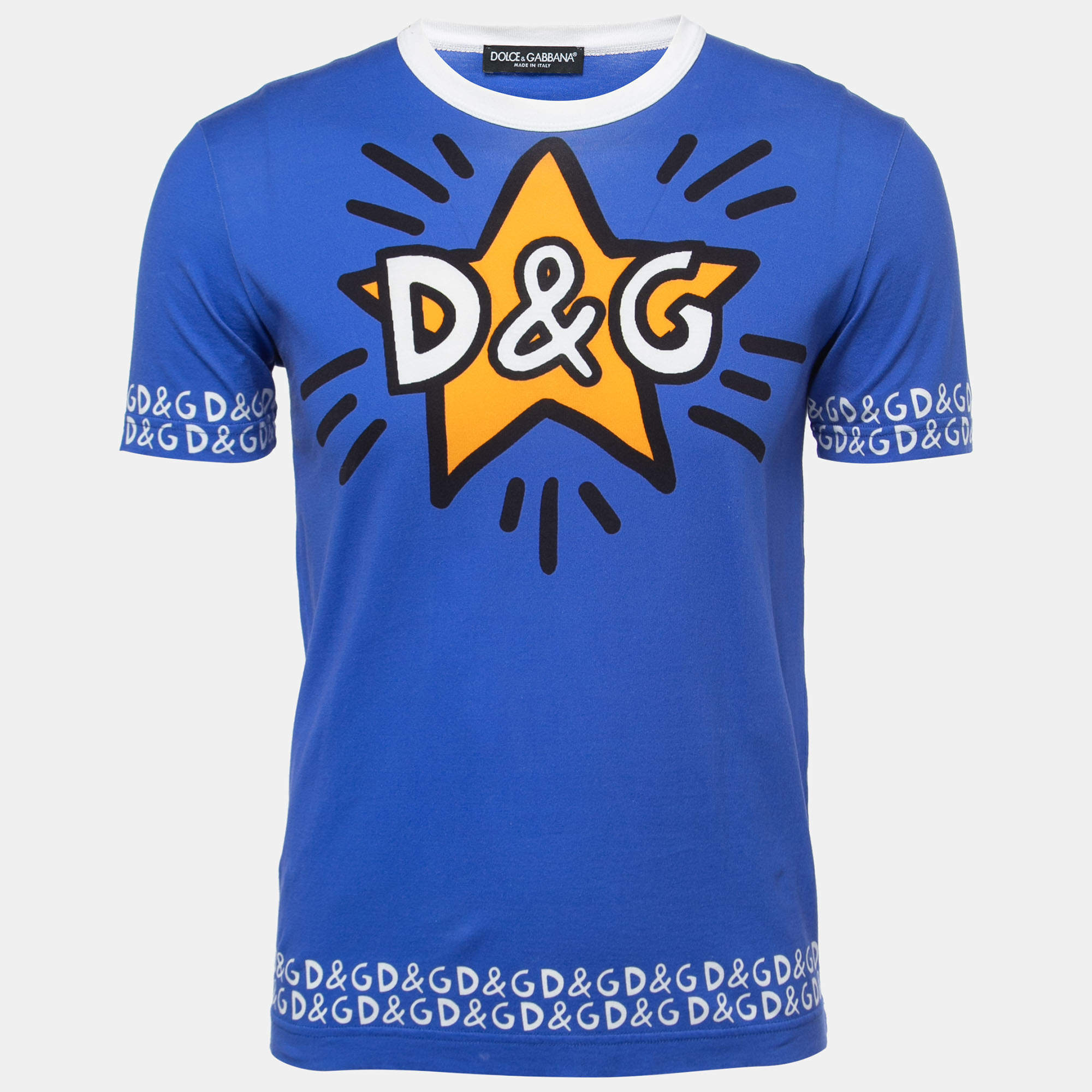 Pre Owned Dolce & Gabbana Blue Printed Cotton T-Shirt M