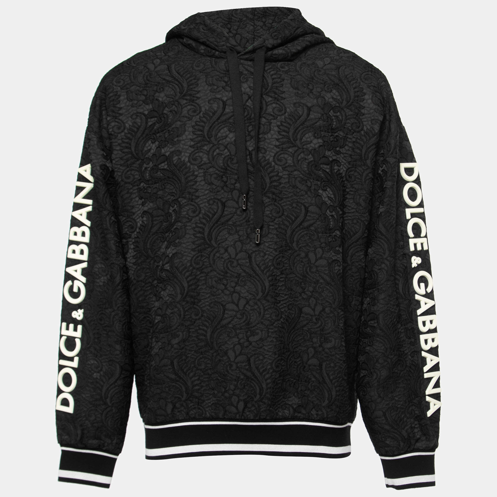 Pre Owned Dolce & Gabbana Black Floral Brocade Raised Logo Detail Hoodie M