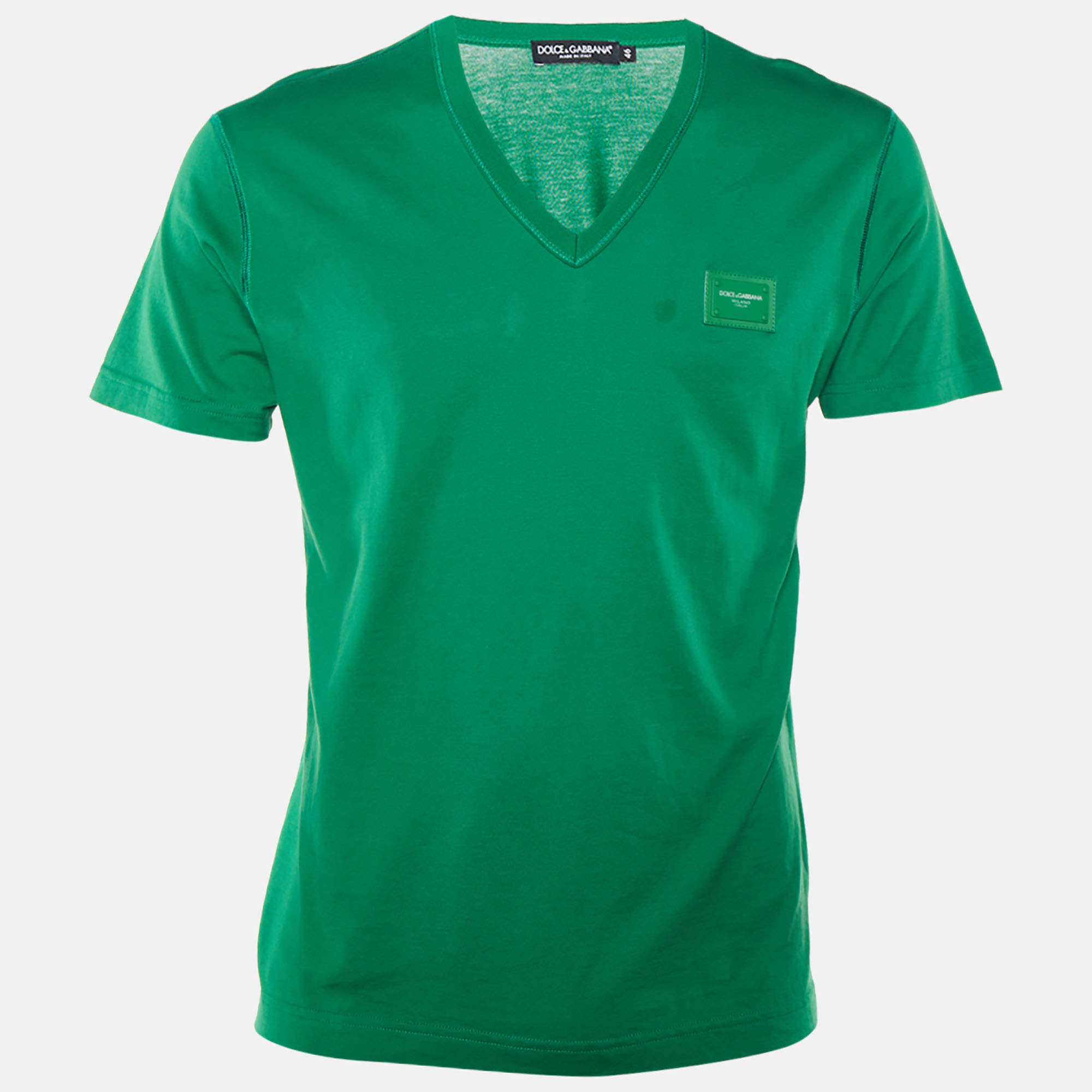 Pre Owned Dolce & Gabbana Green Cotton Knit Logo Plaque Detail V-Neck T-Shirt S