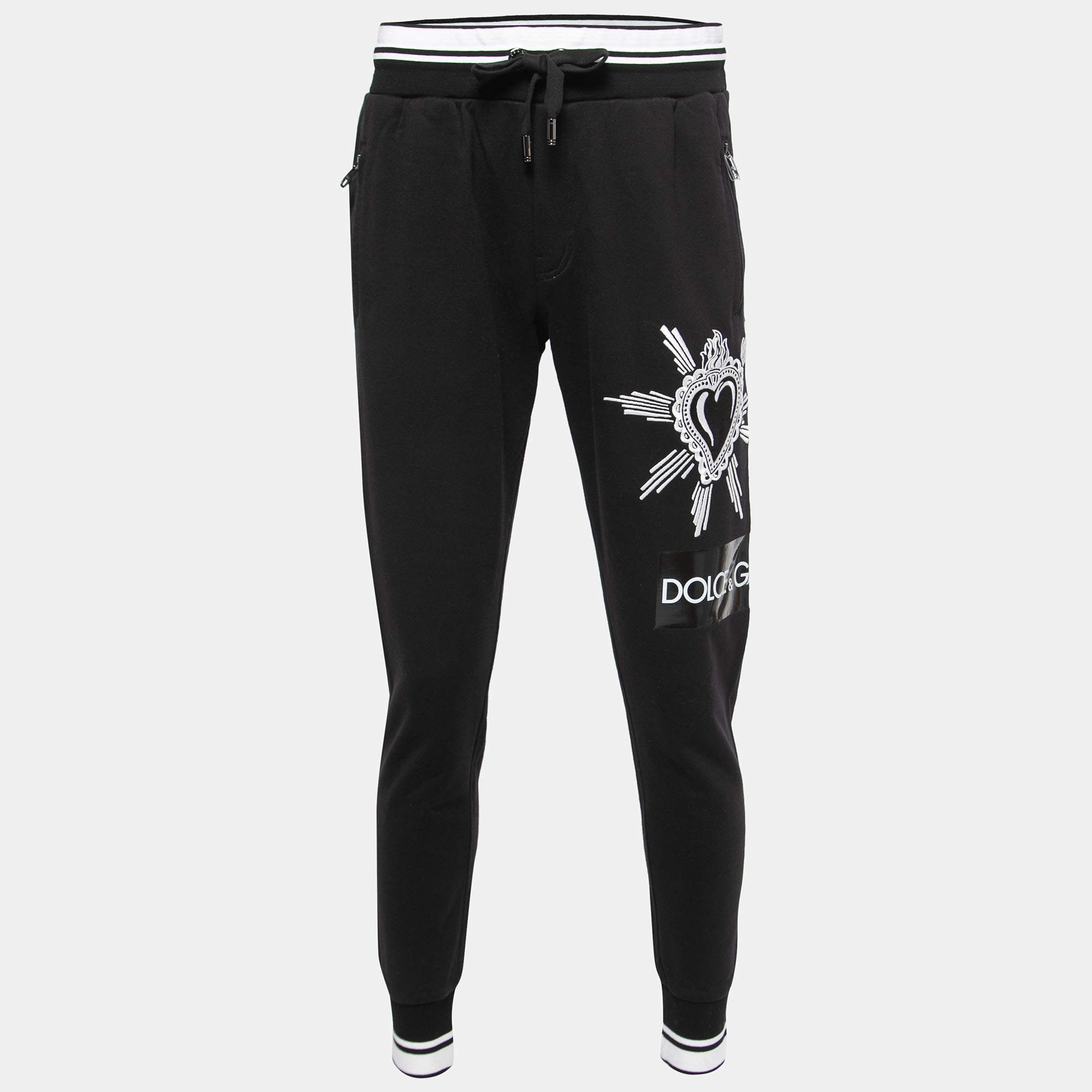 Dolce & Gabbana Black Cotton Heart Embroidered Joggers M