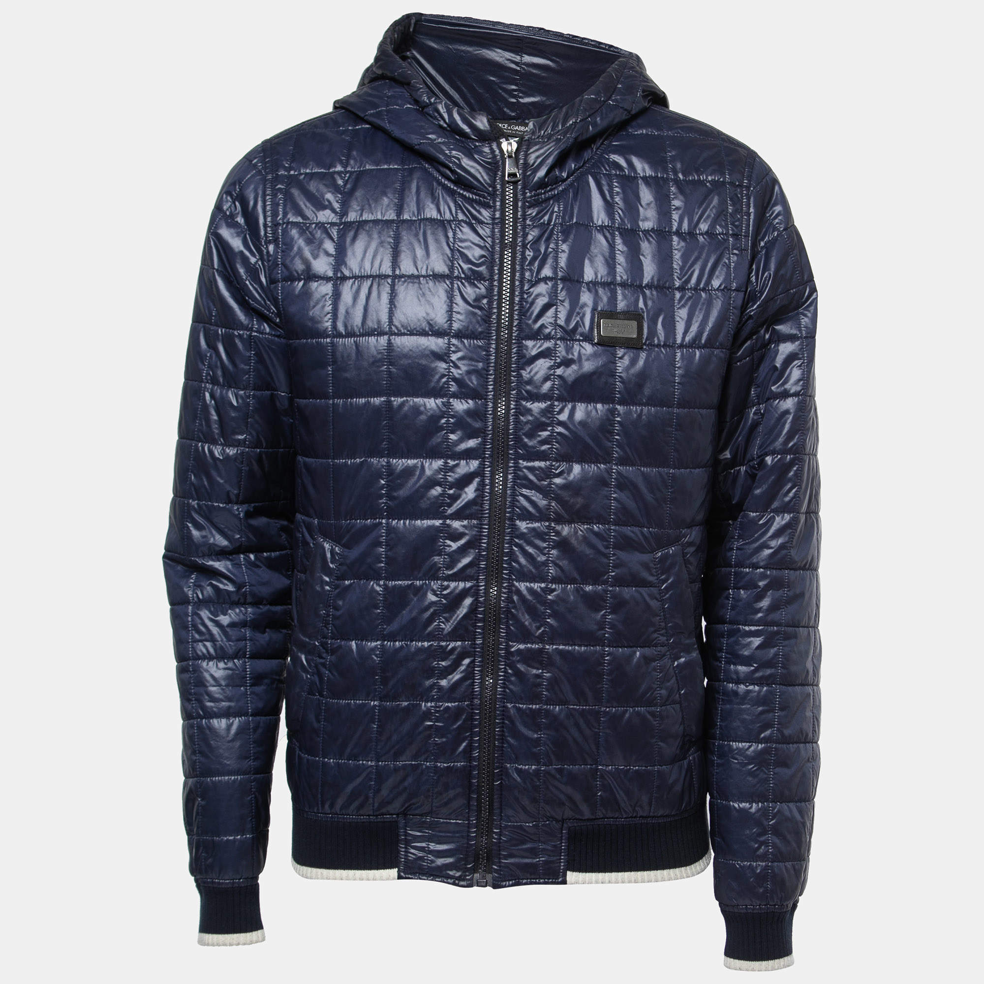 Pre Owned Dolce & Gabbana Navy Blue Nylon Quilted Hooded Jacket XL