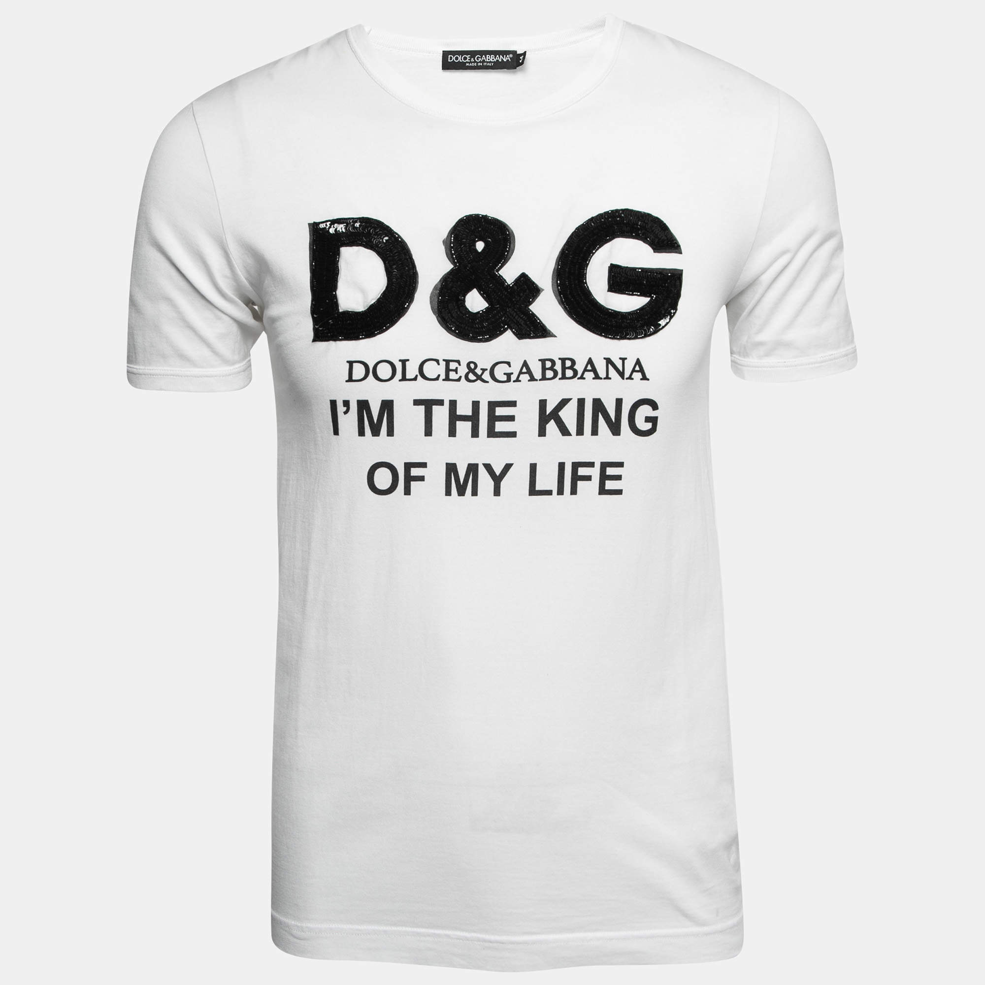 Pre Owned Dolce & Gabbana White Cotton Sequined Logo Print T-Shirt XS