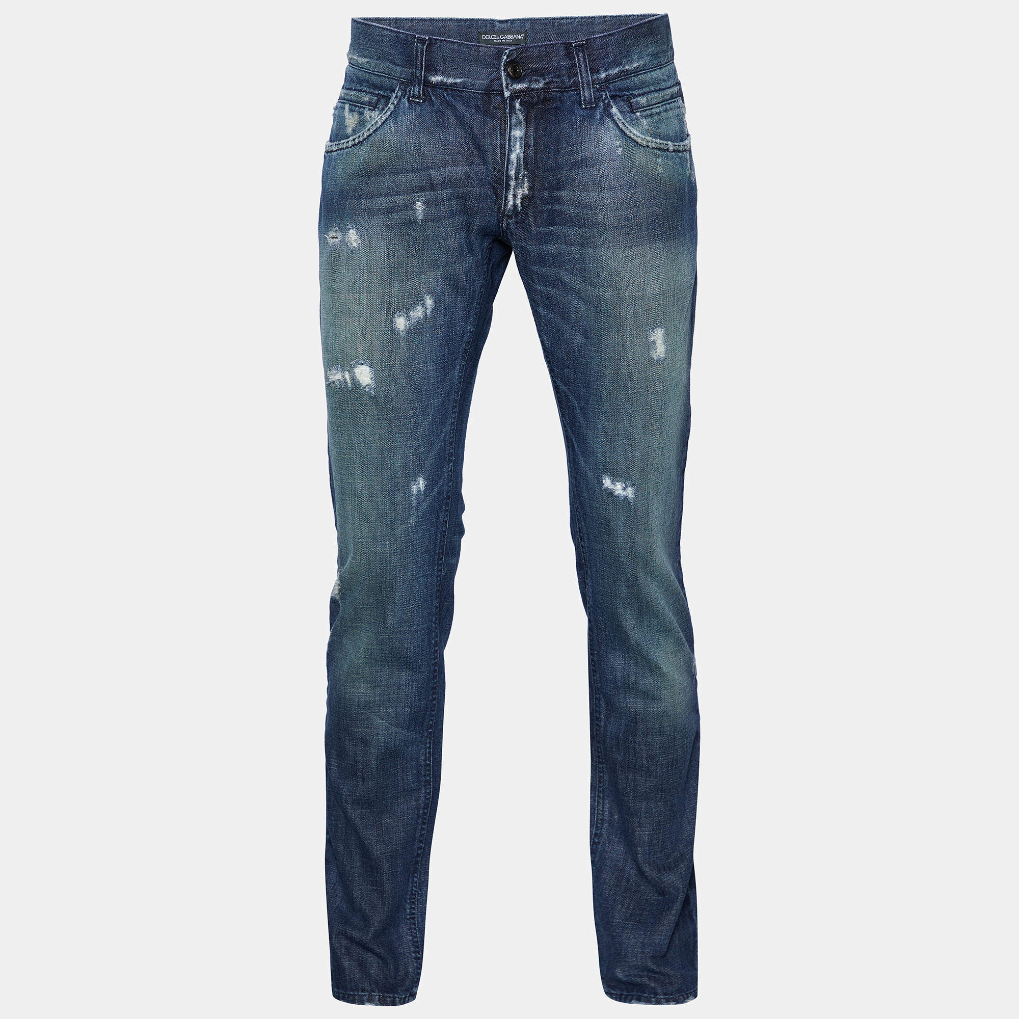 Pre Owned Dolce & Gabbana Navy Blue Denim Distressed Jeans M