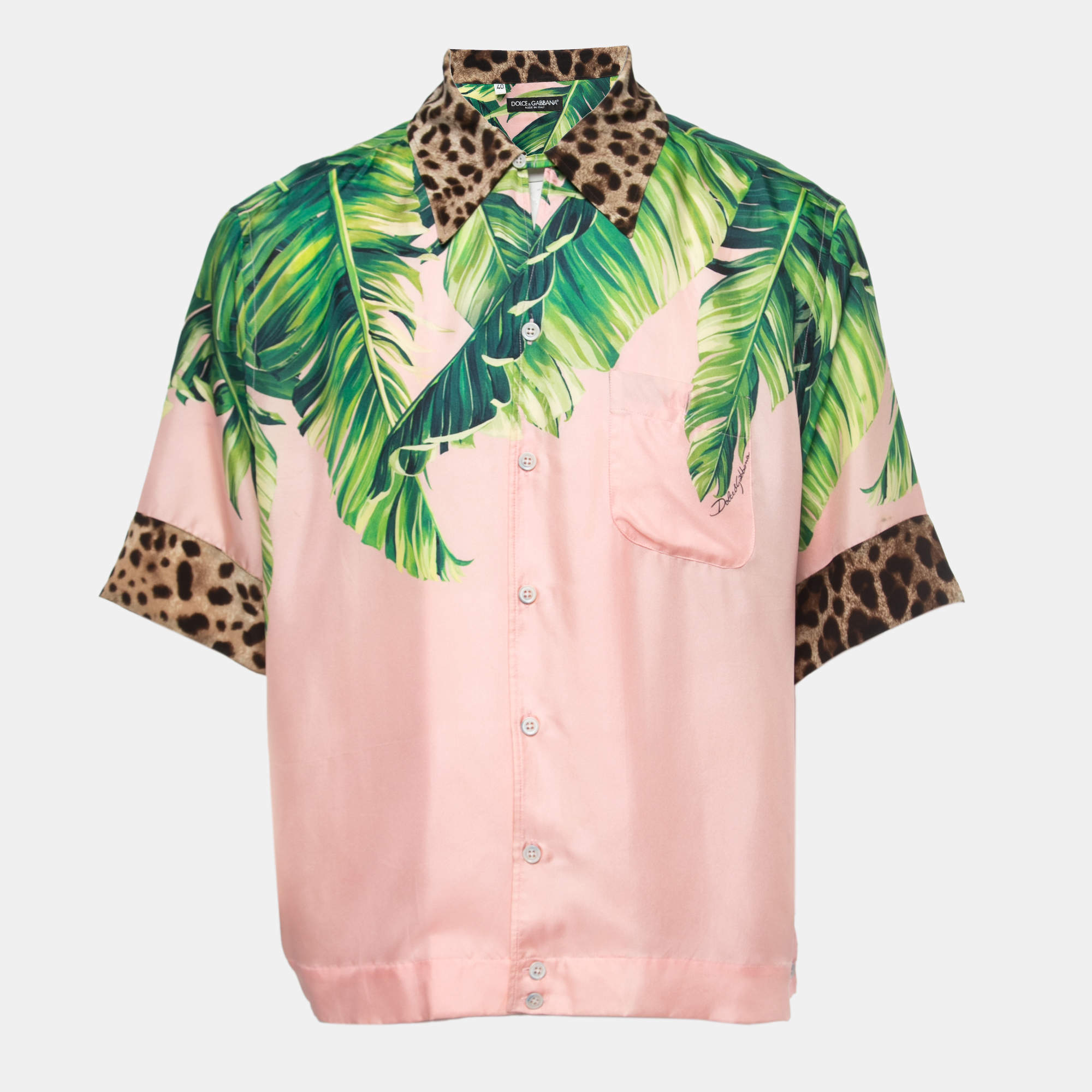 Pre Owned Dolce & Gabbana Pink Tropical Printed Silk Short Sleeve Shirt M