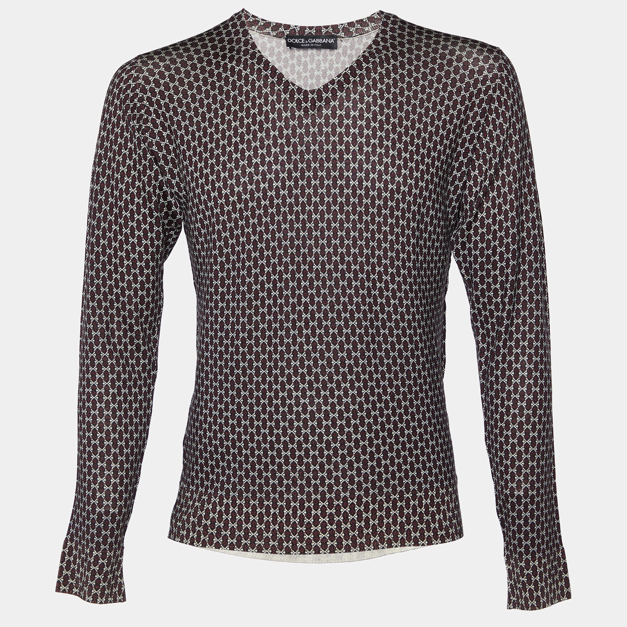 Pre Owned Dolce & Gabbana Multicolor Printed Virgin Wool V-Neck Pullover L