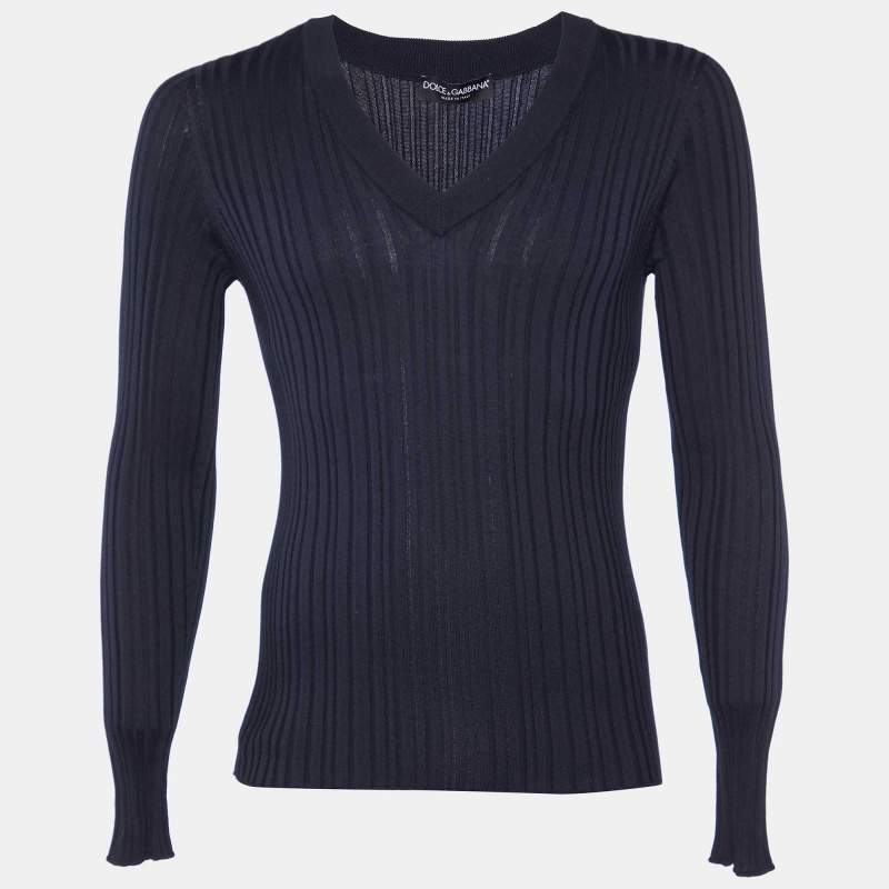 Pre Owned Dolce & Gabbana Navy Blue Rib Knit V-Neck Pullover L