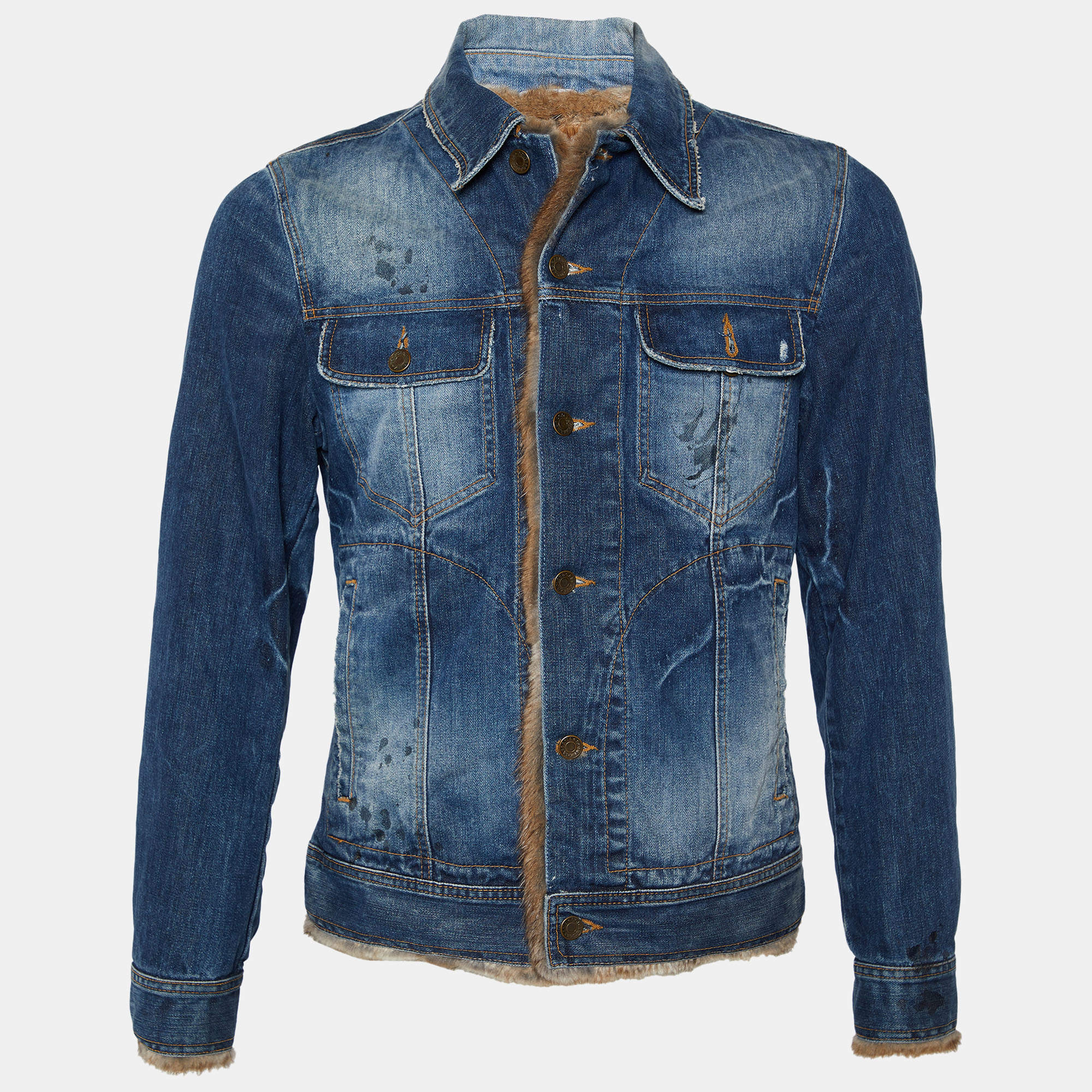 Pre Owned Dolce & Gabbana Blue Denim & Fur Lined Jacket S