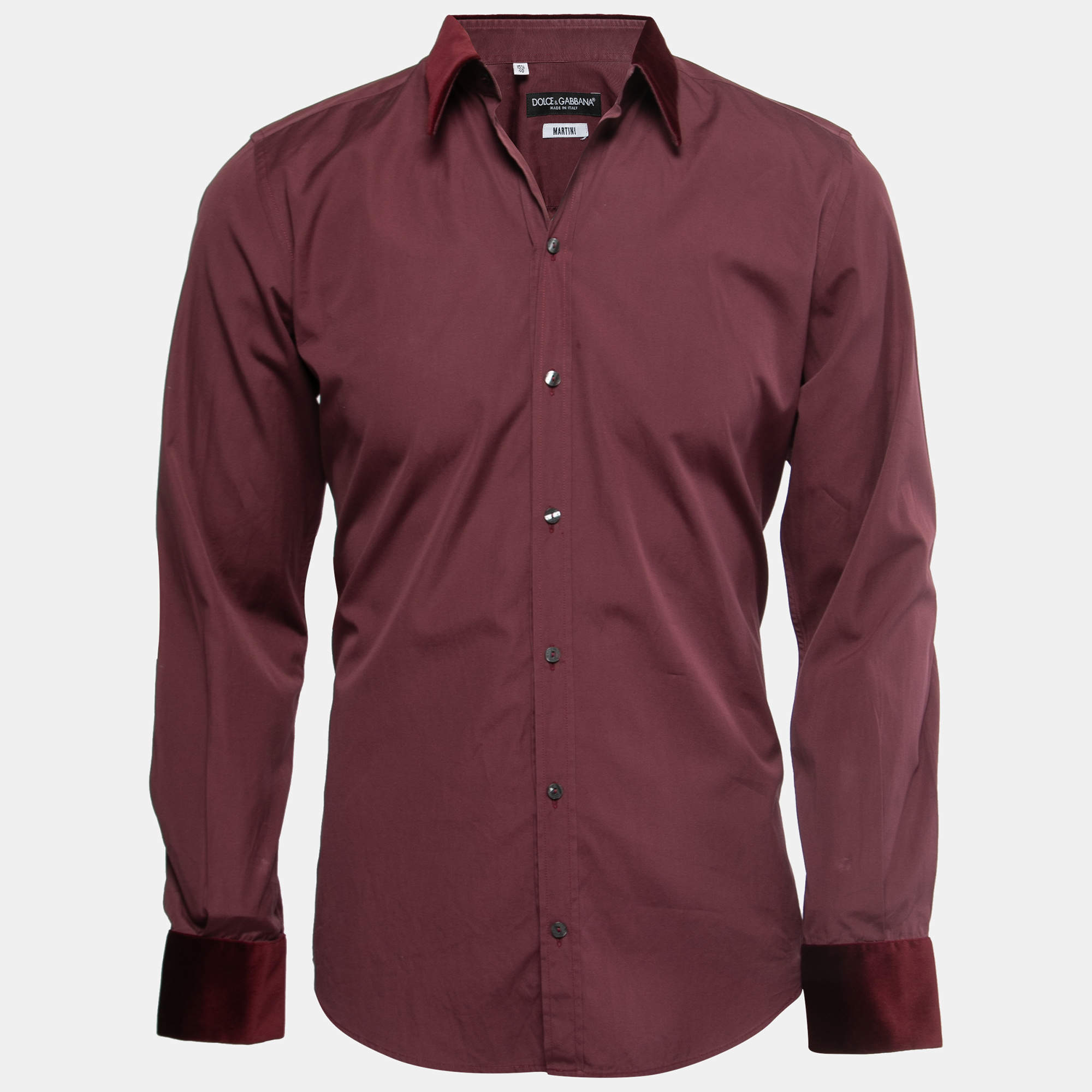 Pre Owned Dolce & Gabbana Burgundy Cotton Velvet Trimmed Button Front Full Sleeve Shirt M