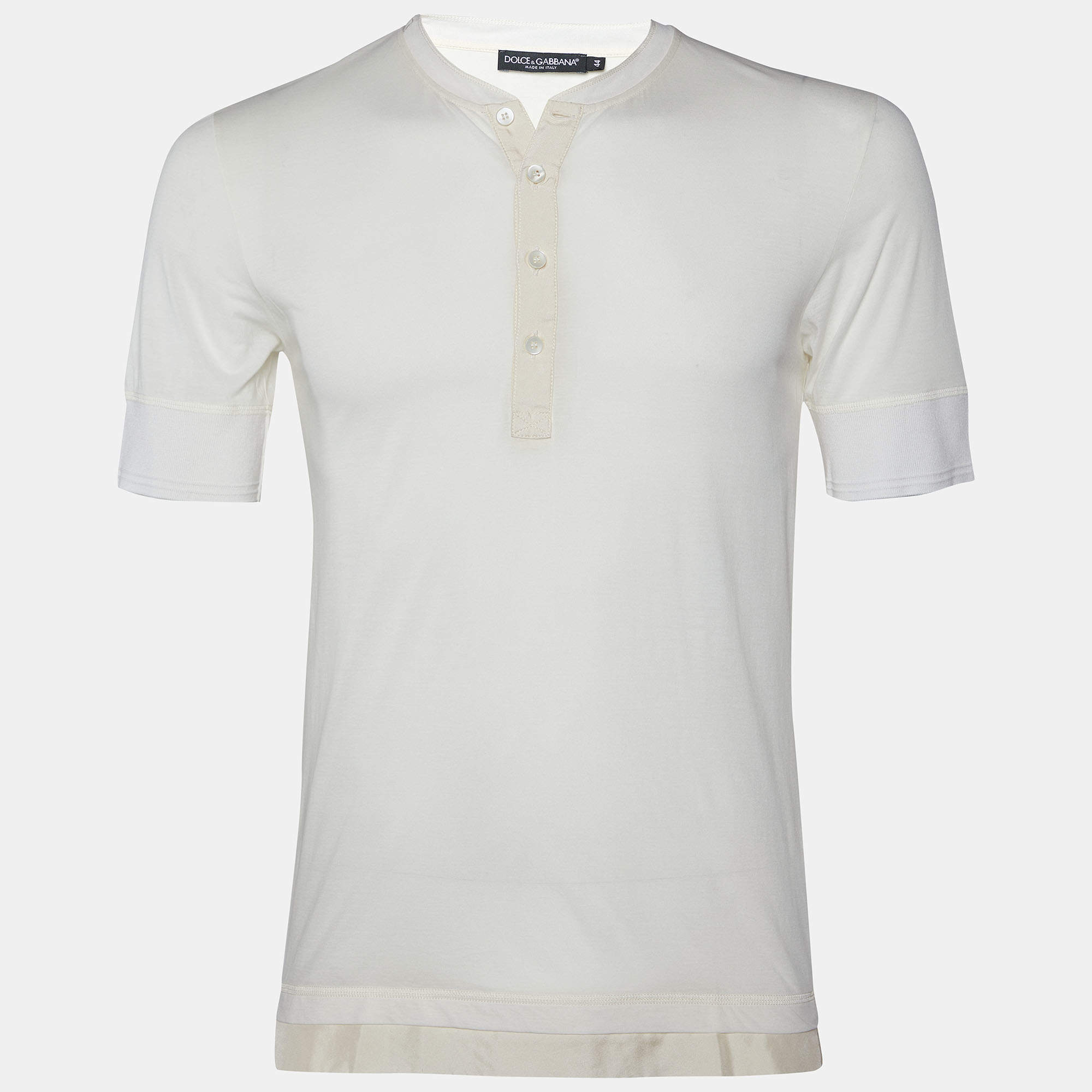 Pre Owned Dolce & Gabbana Light Cream Cotton Knit & Silk Button Front T-Shirt XS