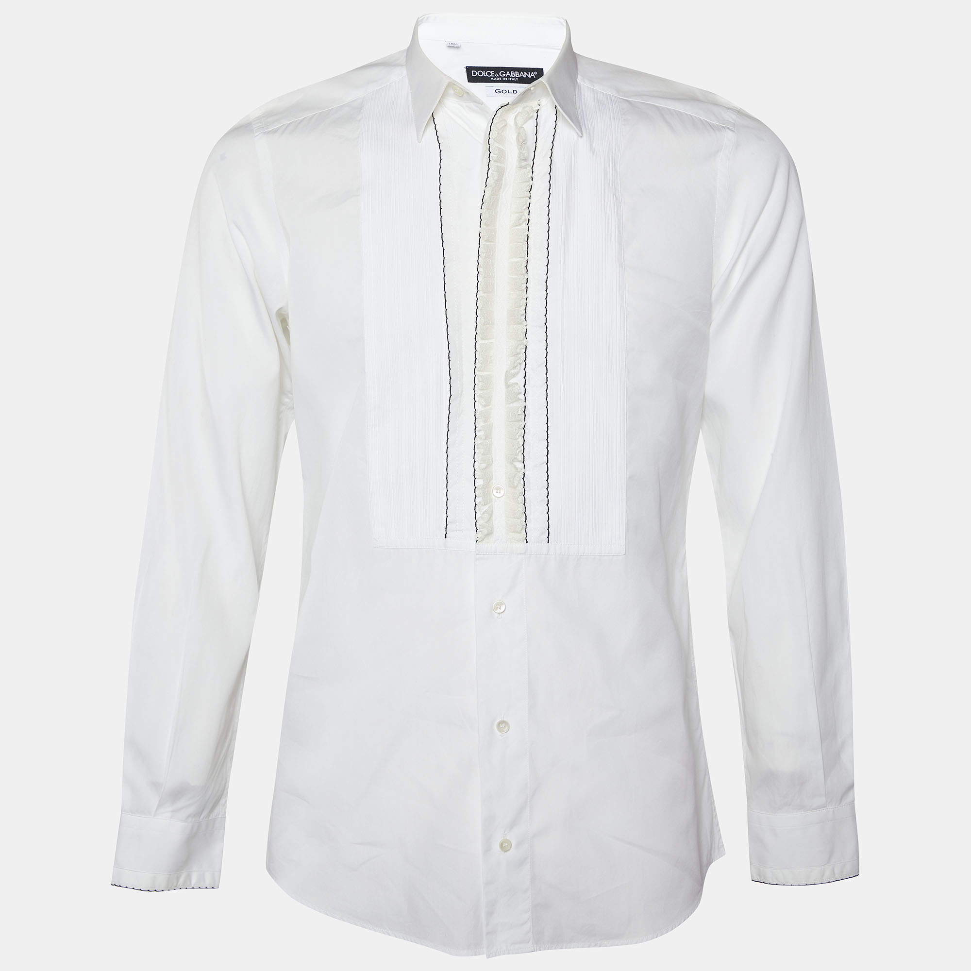 Pre Owned Dolce & Gabbana White Cotton Lace Ruffle Trim Tuxedo Shirt M