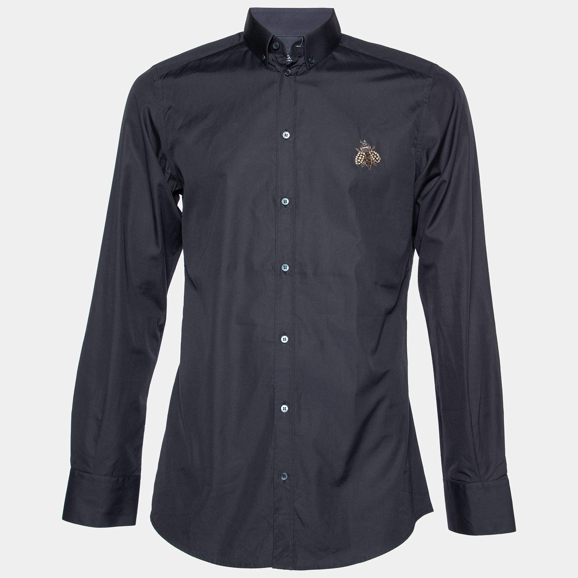 Pre Owned Dolce & Gabbana Black Cotton Bee Embellished Gold Fit Shirt L