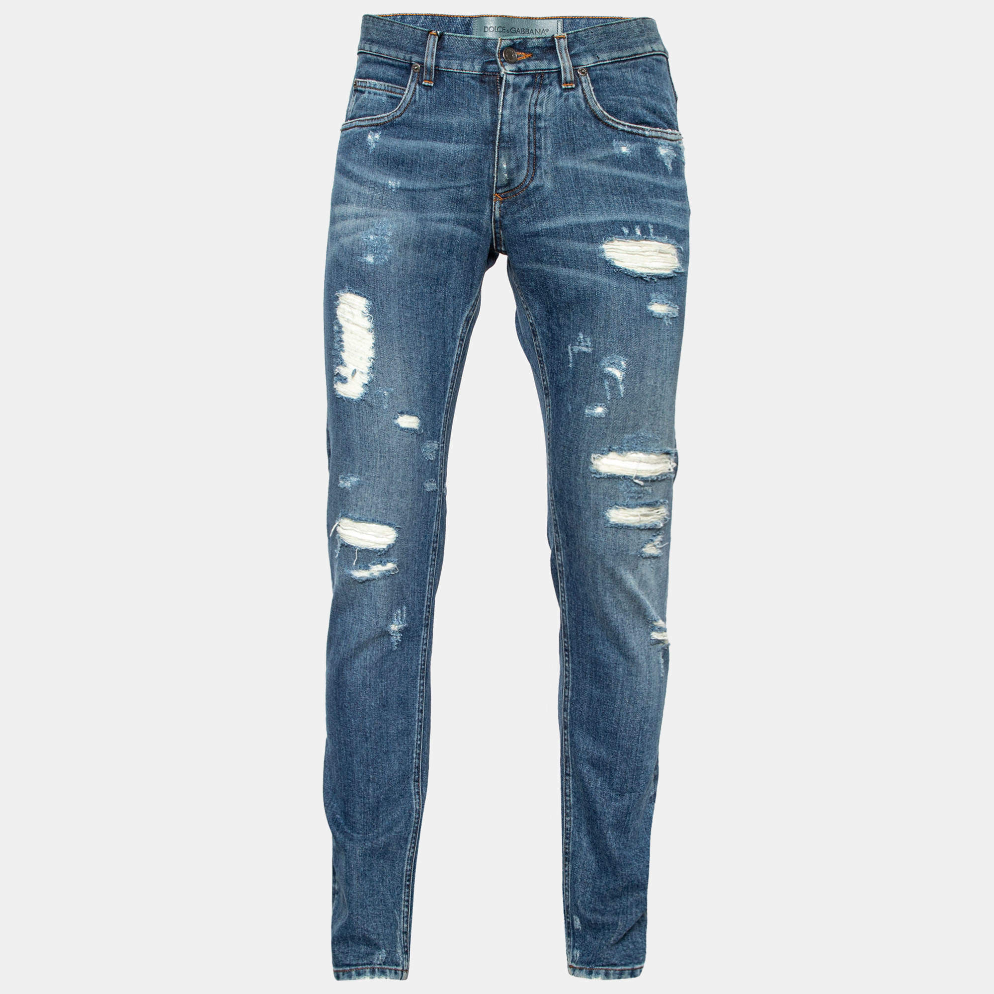 Pre Owned Dolce & Gabbana Blue Denim Distressed Jeans S