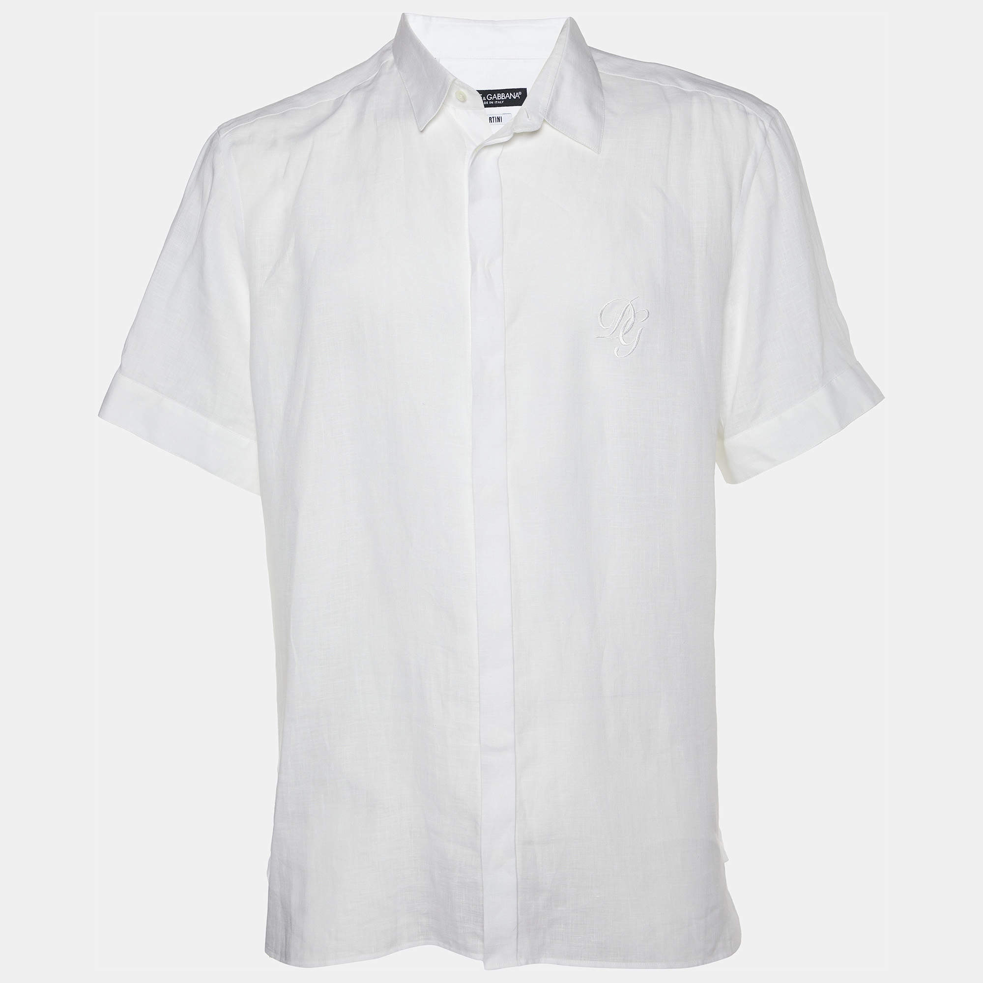 Pre Owned Dolce & Gabbana White Linen Short Sleeve Martini Shirt XXL