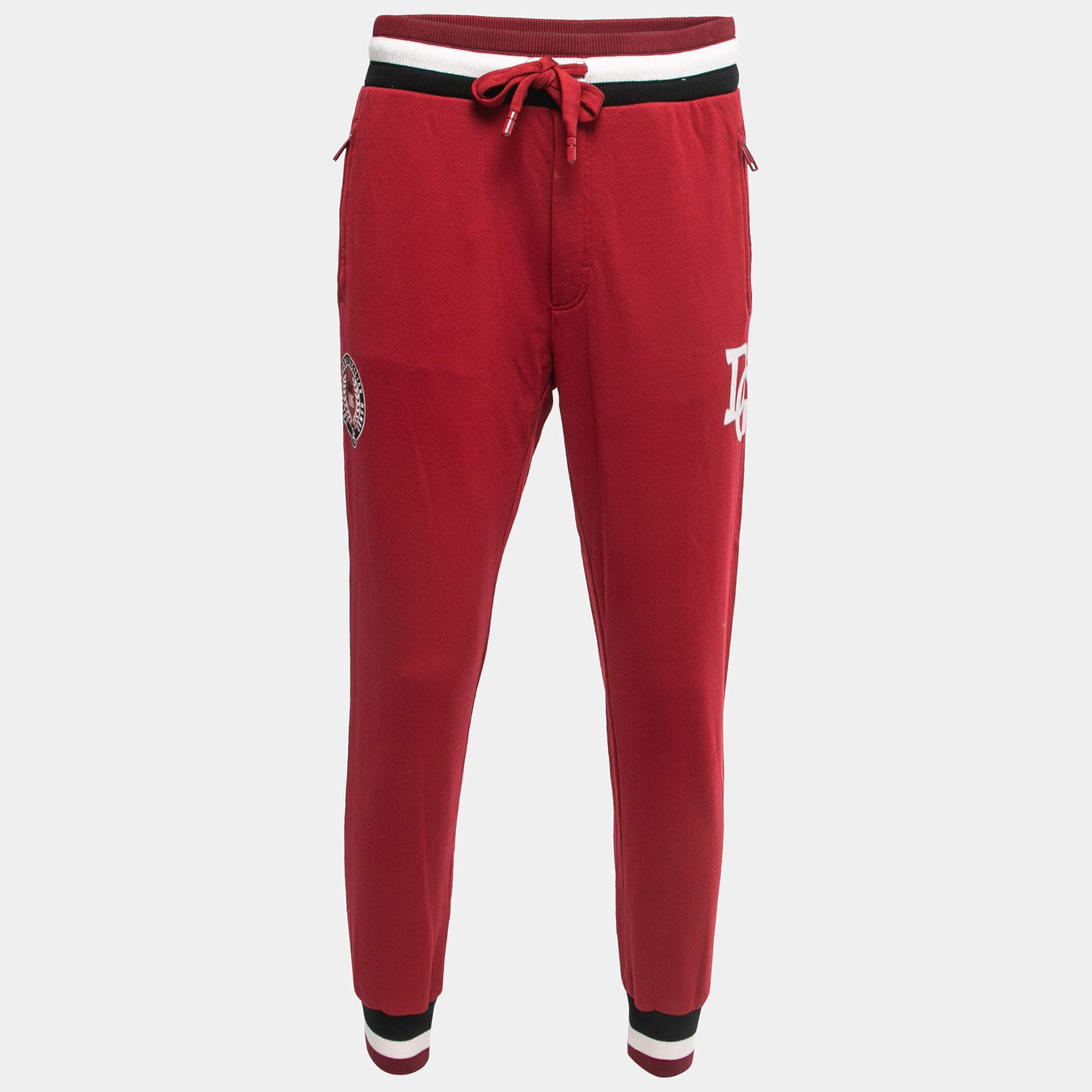 Pre Owned Dolce & Gabbana Red Logo Print Cotton Knit Joggers L