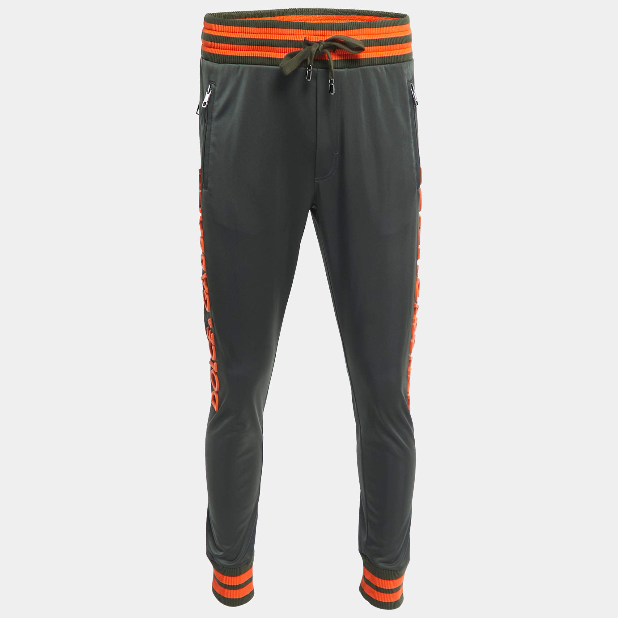 Pre Owned Dolce & Gabbana Dark Green Synthetic Contrast Logo Detail Sweatpants S