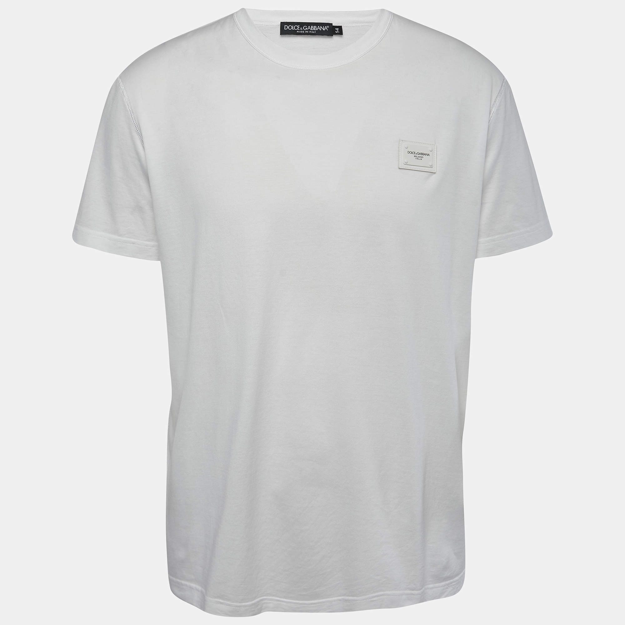 Pre Owned Dolce & Gabbana White Cotton Logo Patch Crew Neck Half Sleeve T-Shirt XXL