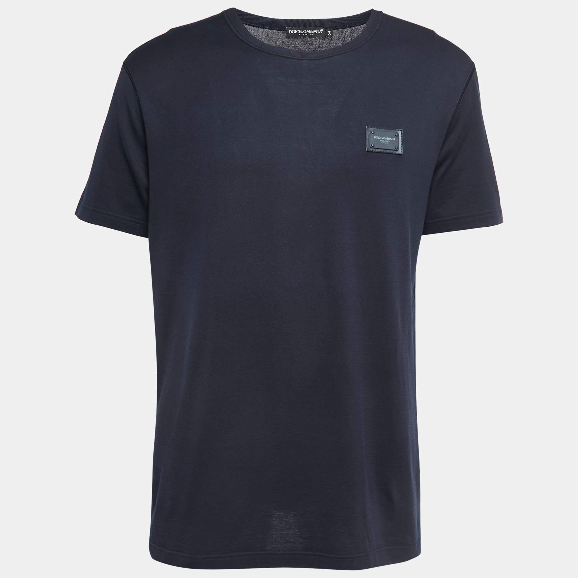 Pre Owned Dolce & Gabbana Navy Blue Cotton Logo Patch Crew Neck Half Sleeve T-Shirt XXL