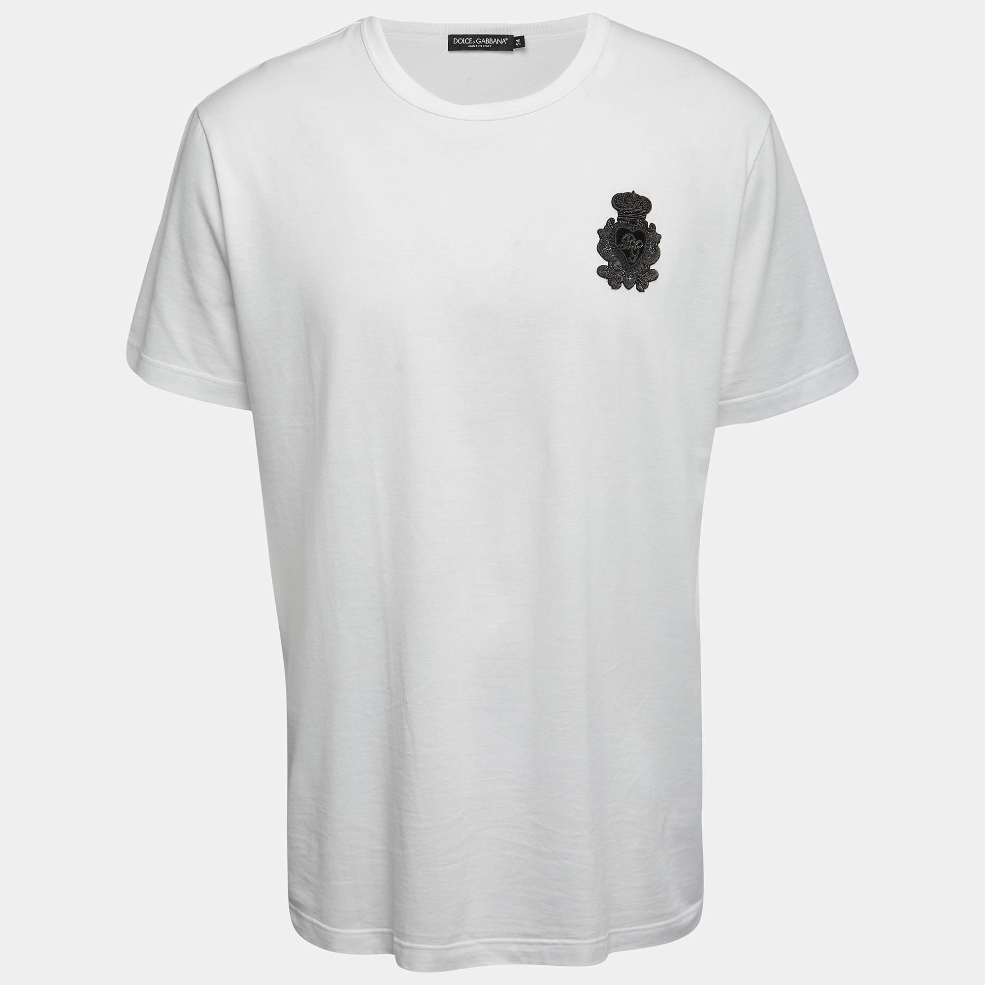 Pre Owned Dolce & Gabbana White Logo Patch Cotton Crew Neck Half Sleeve T-Shirt XXL