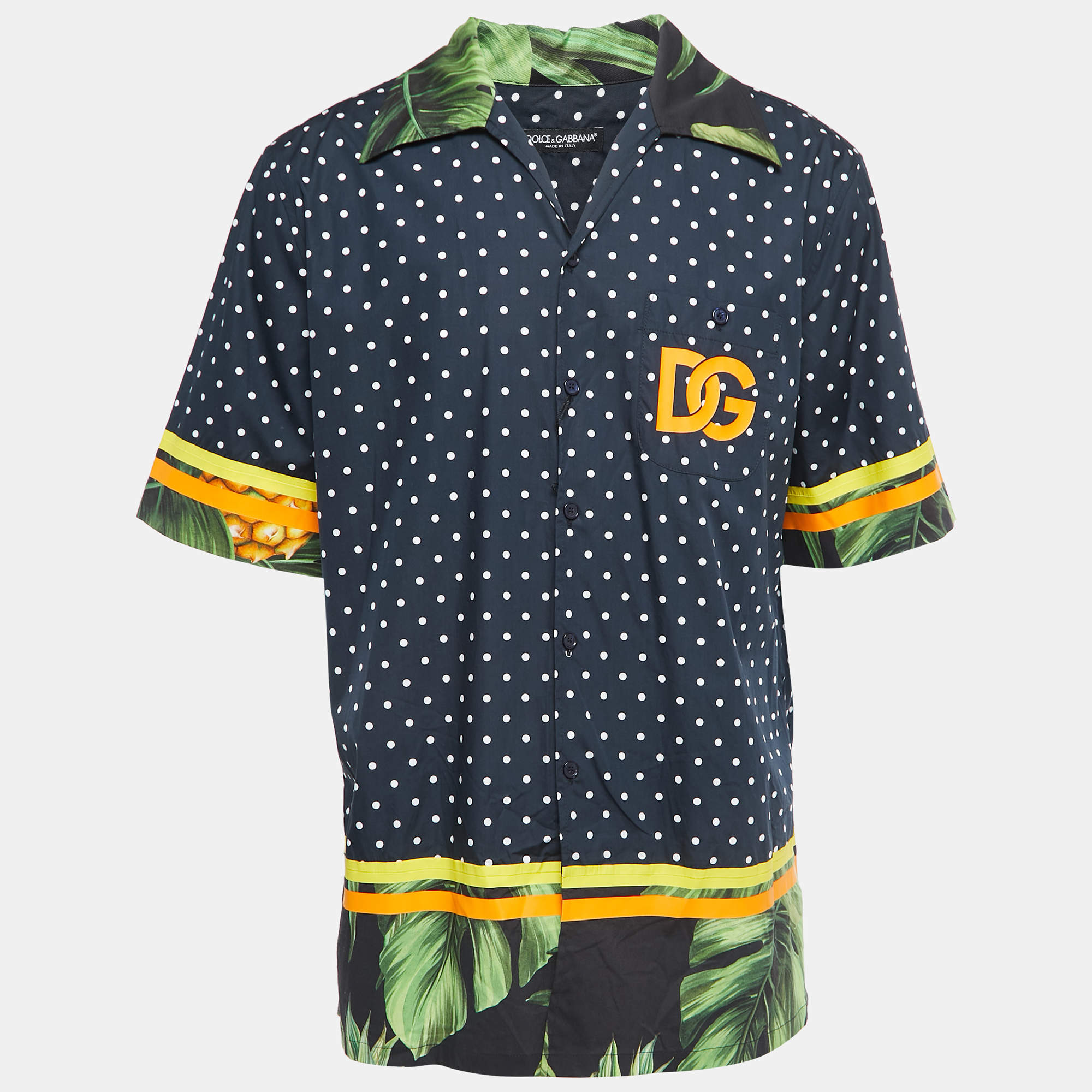 Pre Owned Dolce & Gabbana Navy Blue Pineapple Dotted Print Cotton Half Sleeve Button Front Shirt L