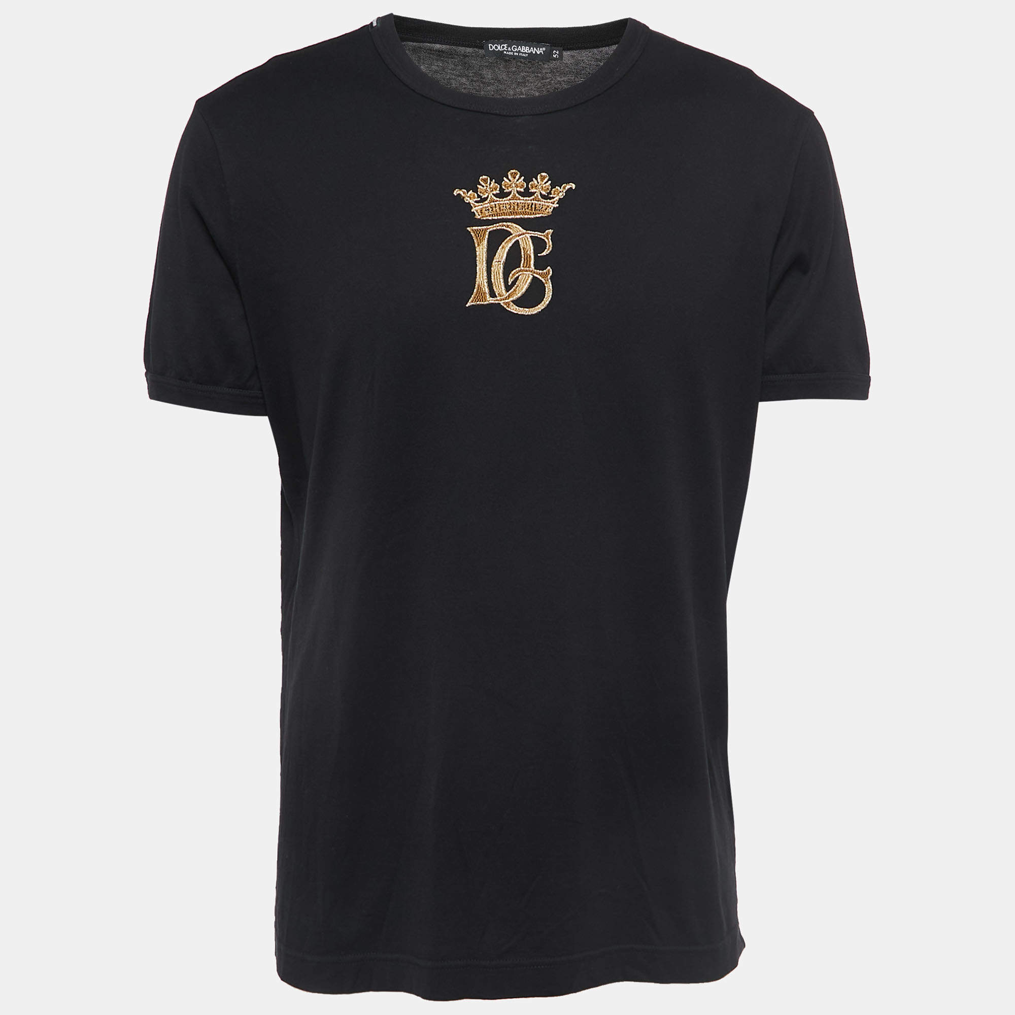 Pre Owned Dolce & Gabbana Black Cotton DG Crown Embroidered Fitted T-Shirt XL
