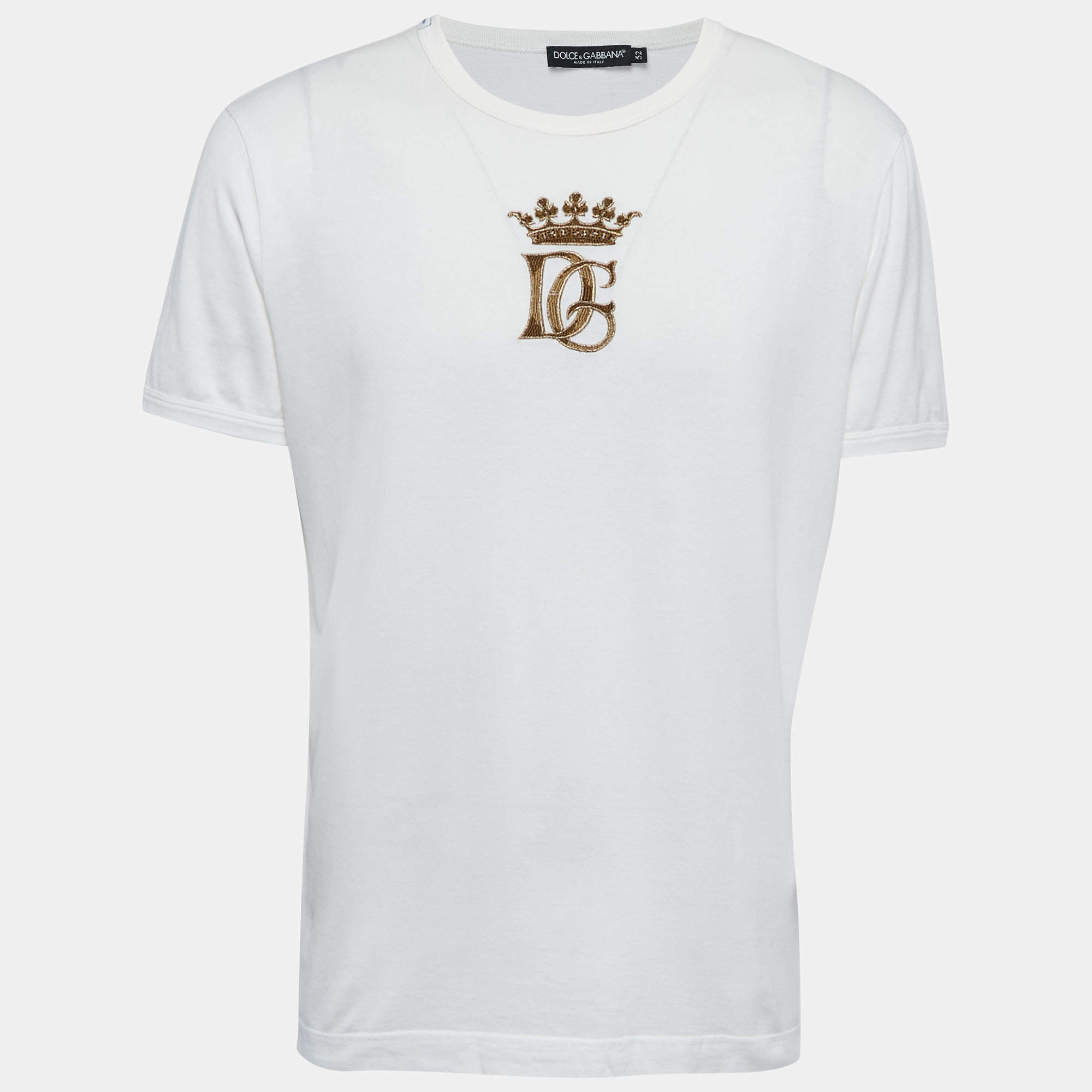 Pre Owned Dolce & Gabbana White Cotton DG Crown Embroidered Fitted T-Shirt XL