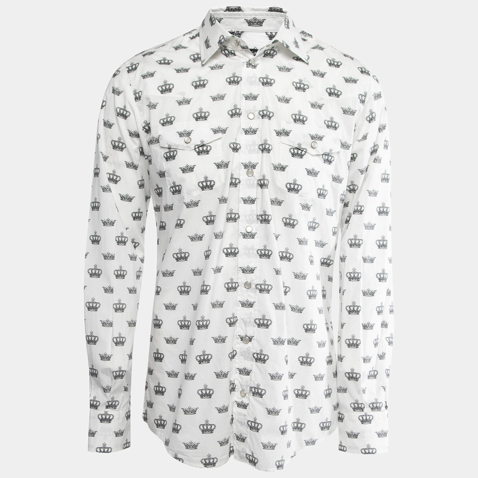 Pre Owned Dolce & Gabbana White Crown Print Cotton Long Sleeve Shirt L