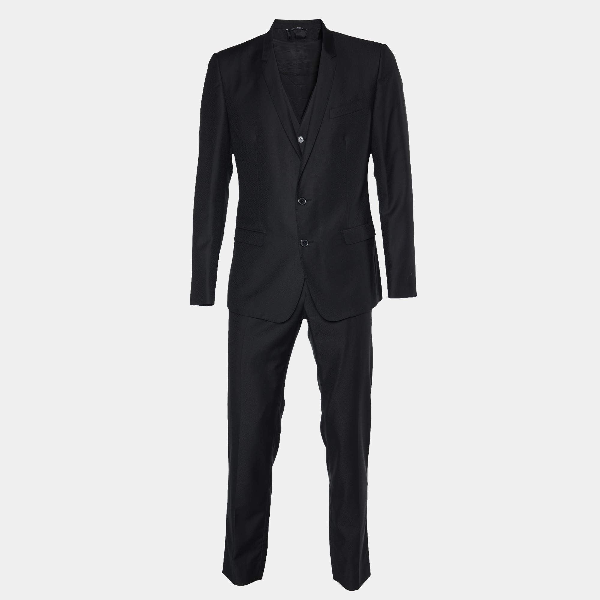 Pre Owned Dolce & Gabbana Black Jacquard Virgin Wool Gold 3 Piece Suit L