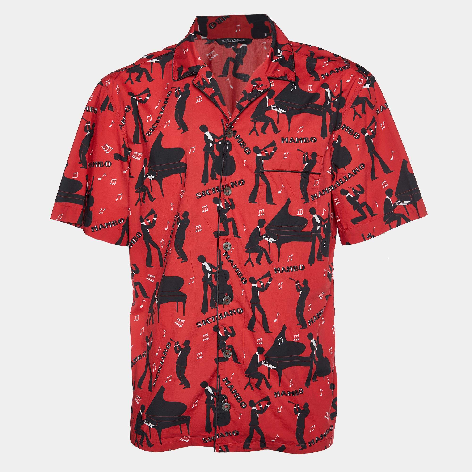 مملوكة مسبقًا Dolce & Gabbana Red Bambo printed Cotton Short Sleeve Shirt L