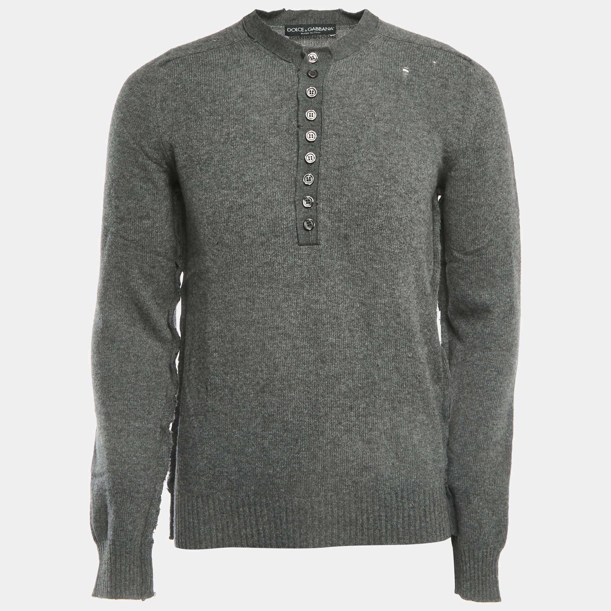 Pre Owned Dolce & Gabbana Grey Distressed Wool Buttoned Sweater L