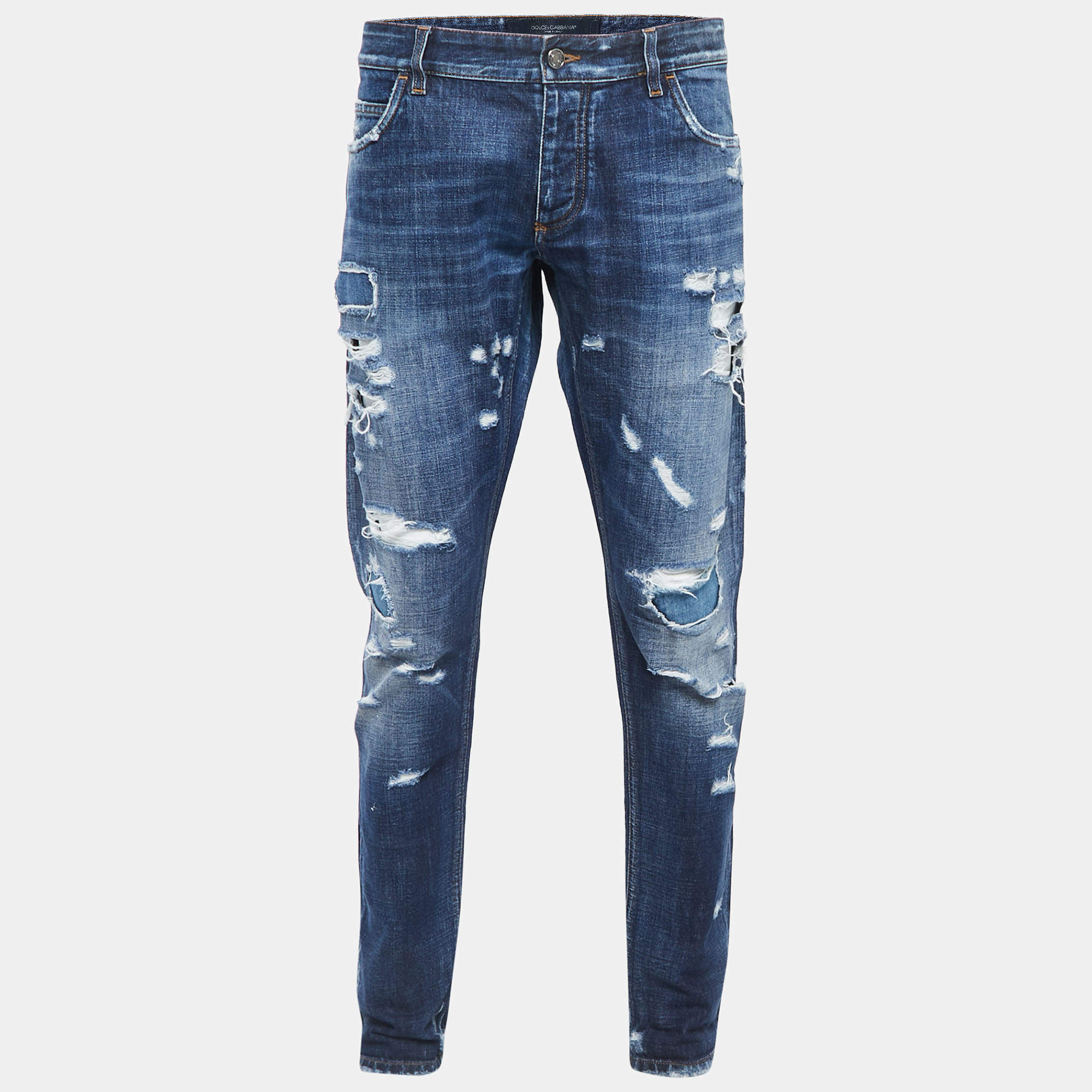 Pre Owned Dolce & Gabbana Blue Ripped Denim 14 Gold Jeans XXL Waist 38"