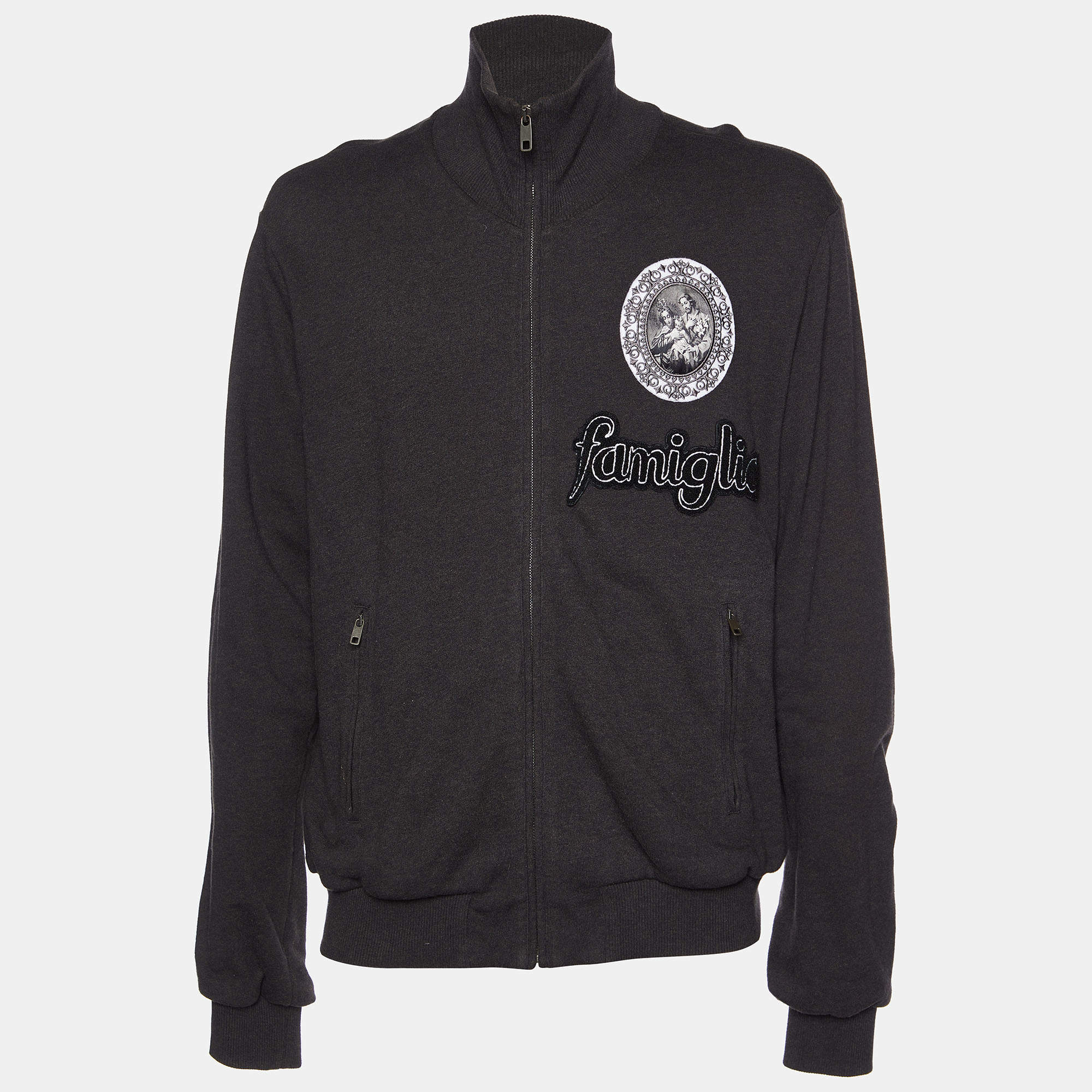 Pre Owned Dolce & Gabbana Black Famiglia Applique Cotton Knit Zip Front Sweater XXL