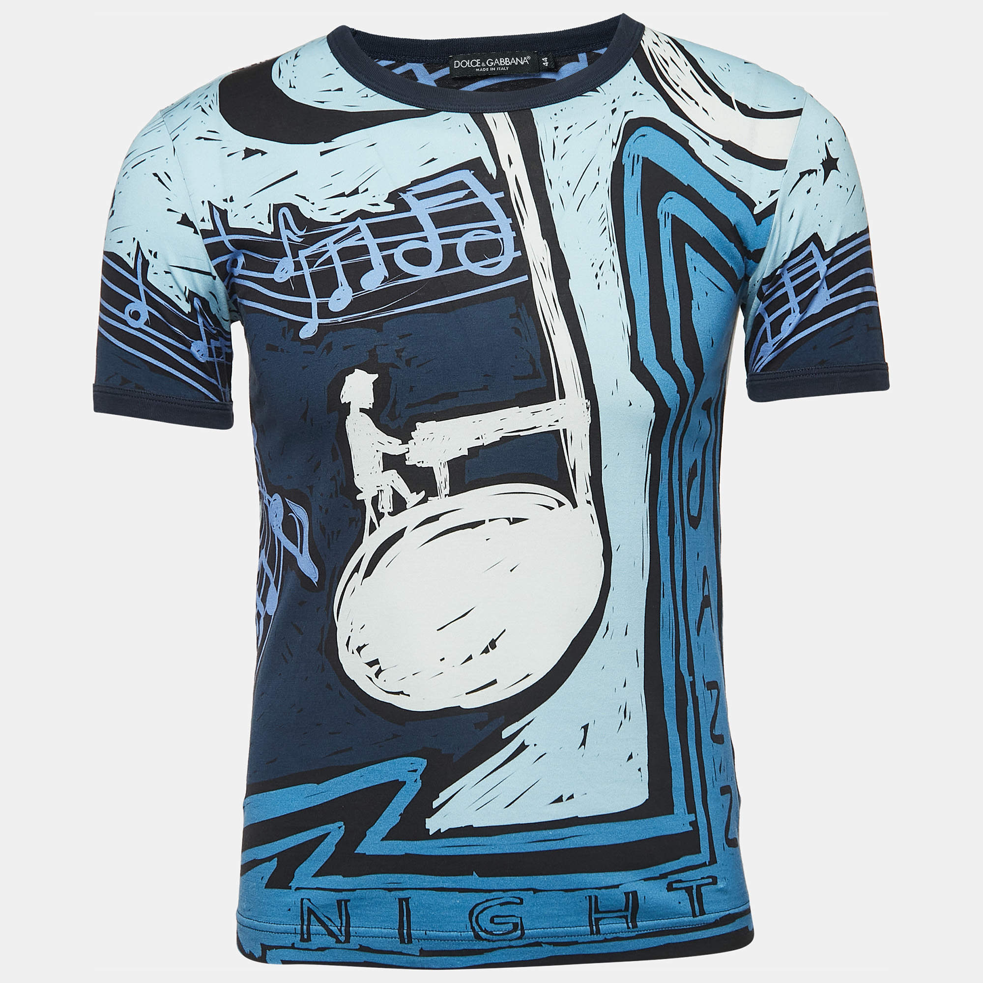 Pre Owned Dolce & Gabbana Blue Printed Cotton Crewneck T-Shirt XS