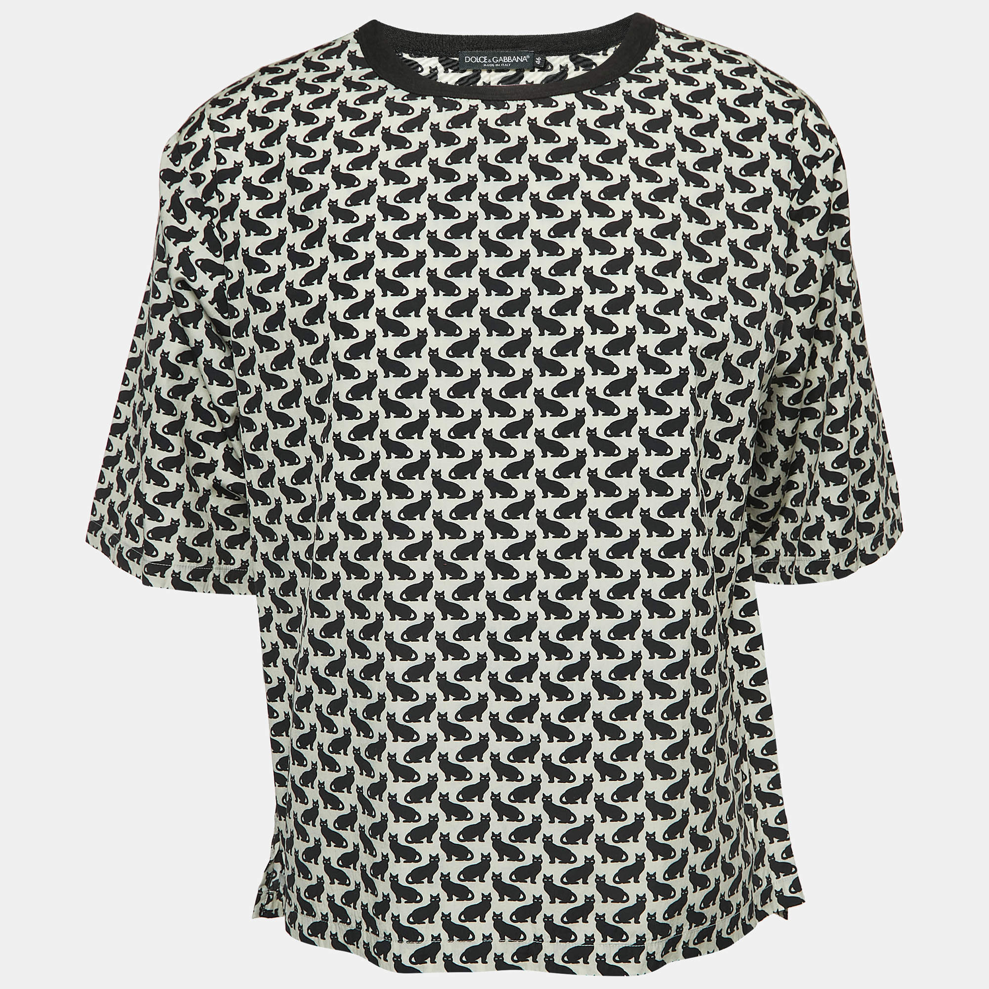 Pre Owned Dolce & Gabbana Cream All-Over Cat Print Cotton Half Sleeve Shirt S