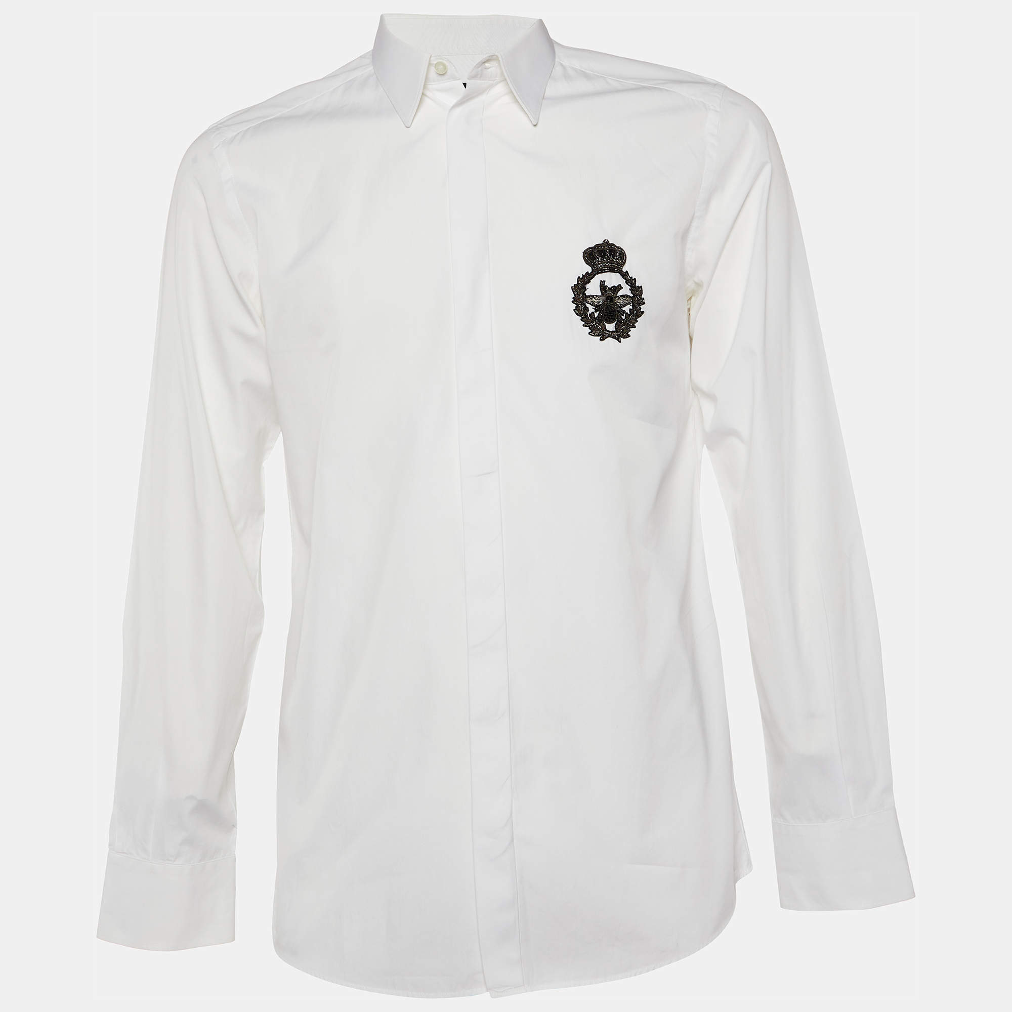 مملوكة مسبقًا Dolce & Gabbana White Embellished Detail Cotton Gold Fit Shirt L