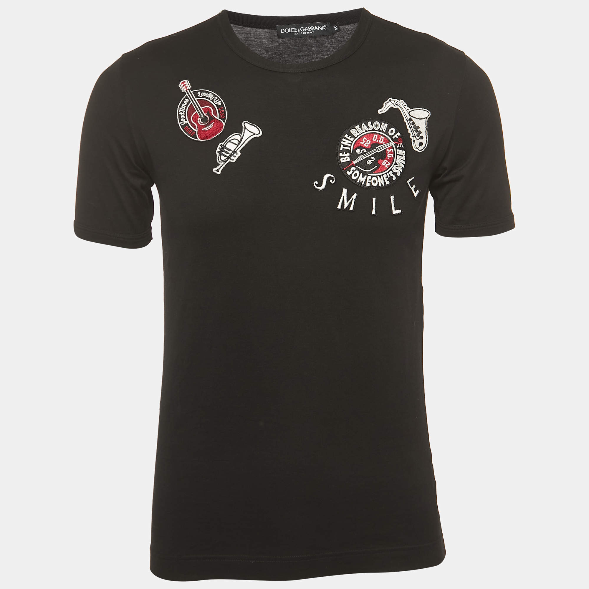 Pre Owned Dolce & Gabbana Black Musical Embroidered Cotton Half Sleeve T-Shirt S