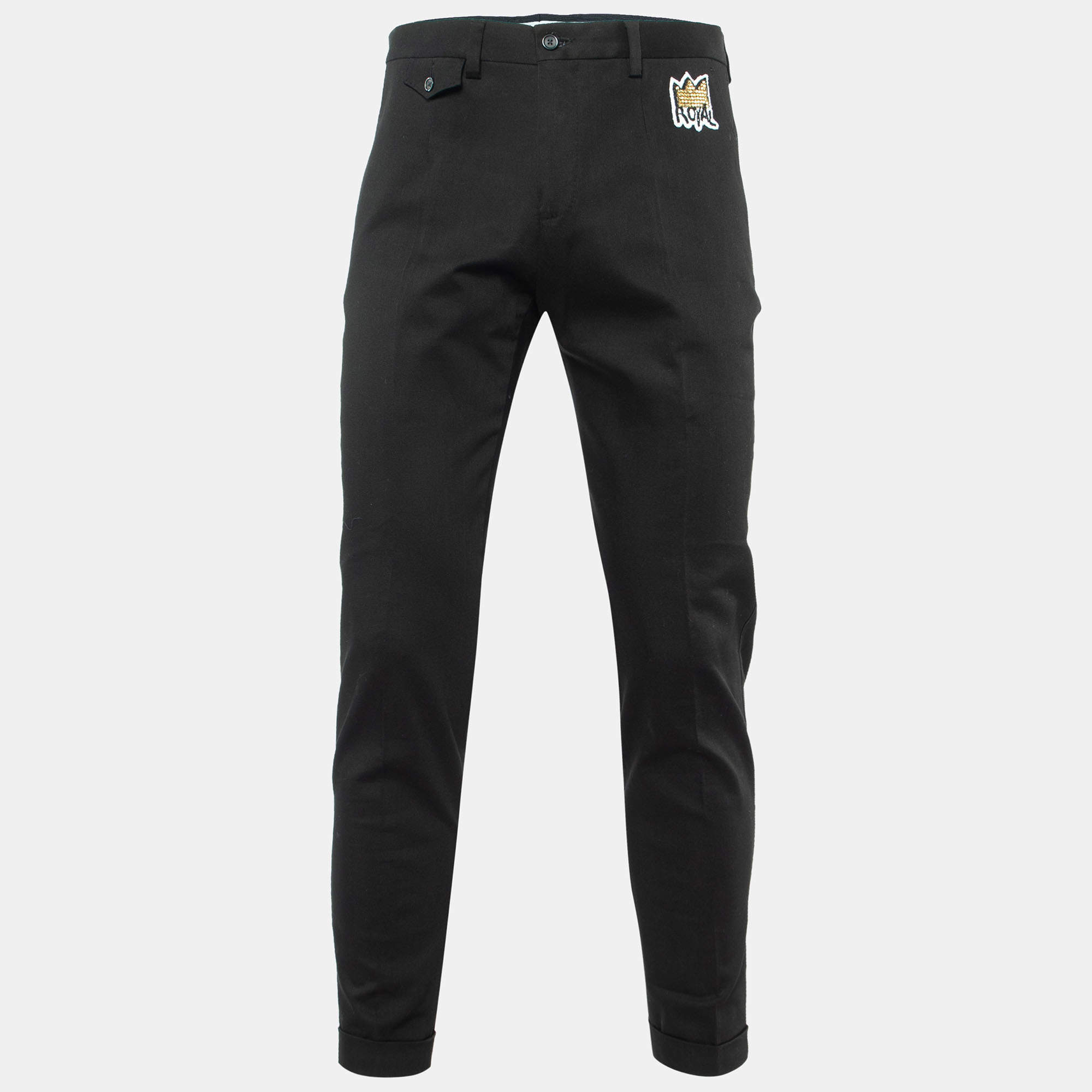 Pre Owned Dolce & Gabbana Black Cotton Royal Embellished Slim Fit Trousers M