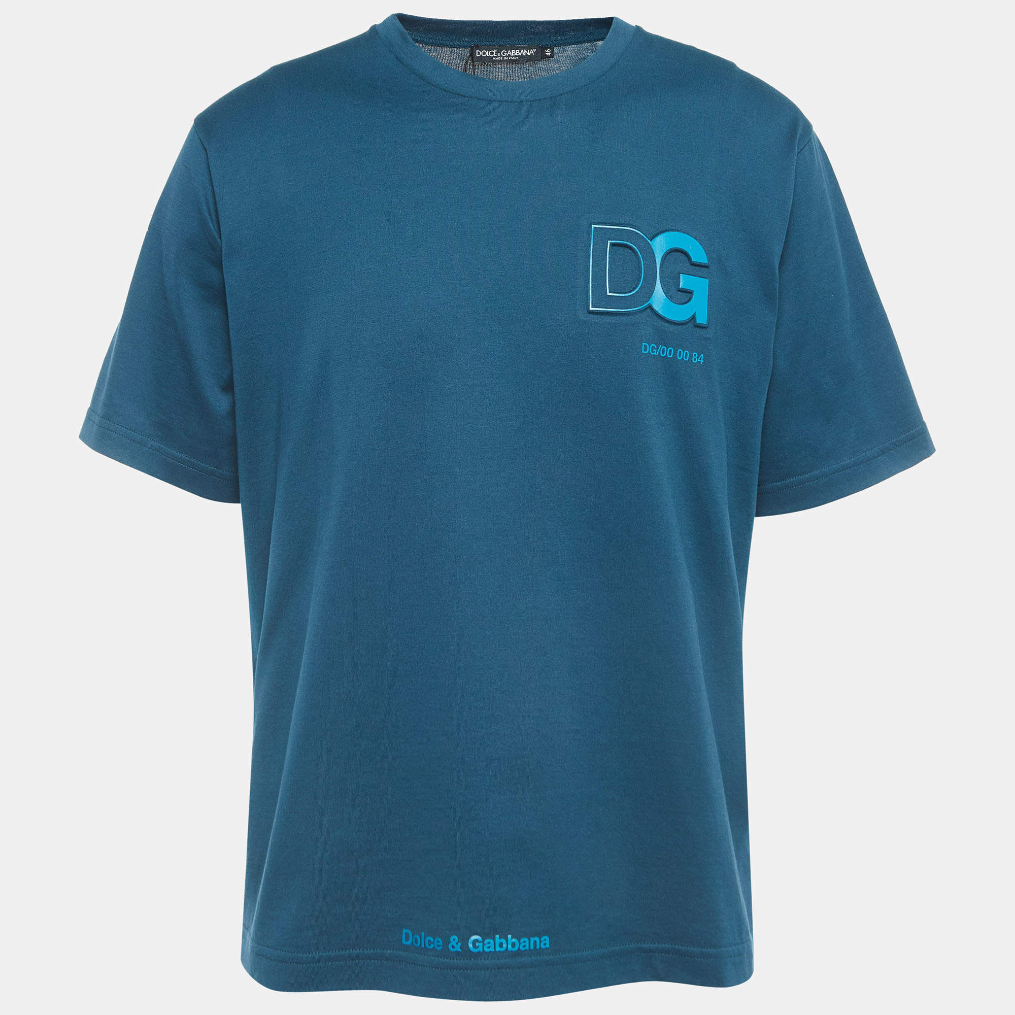 Pre Owned Dolce & Gabbana Teal Blue Logo Embossed Cotton Crew Neck T-Shirt S