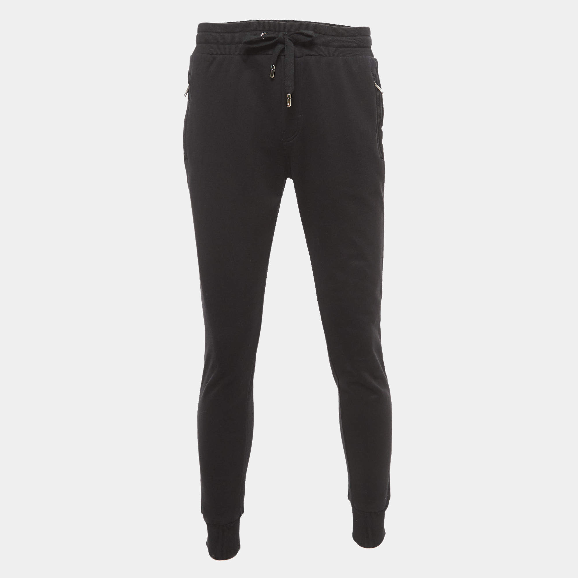Pre Owned Dolce & Gabbana Black Logo Embroidered Cotton Drawstring  Joggers M